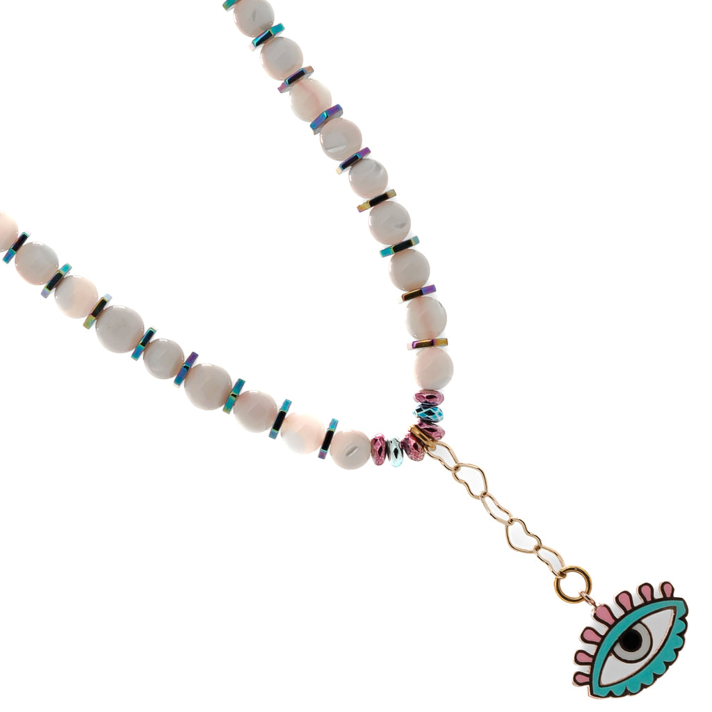 Feel the spiritual energy of the Love Protection Necklace, adorned with Tridacna stone beads and a mesmerizing Evil Eye pendant.