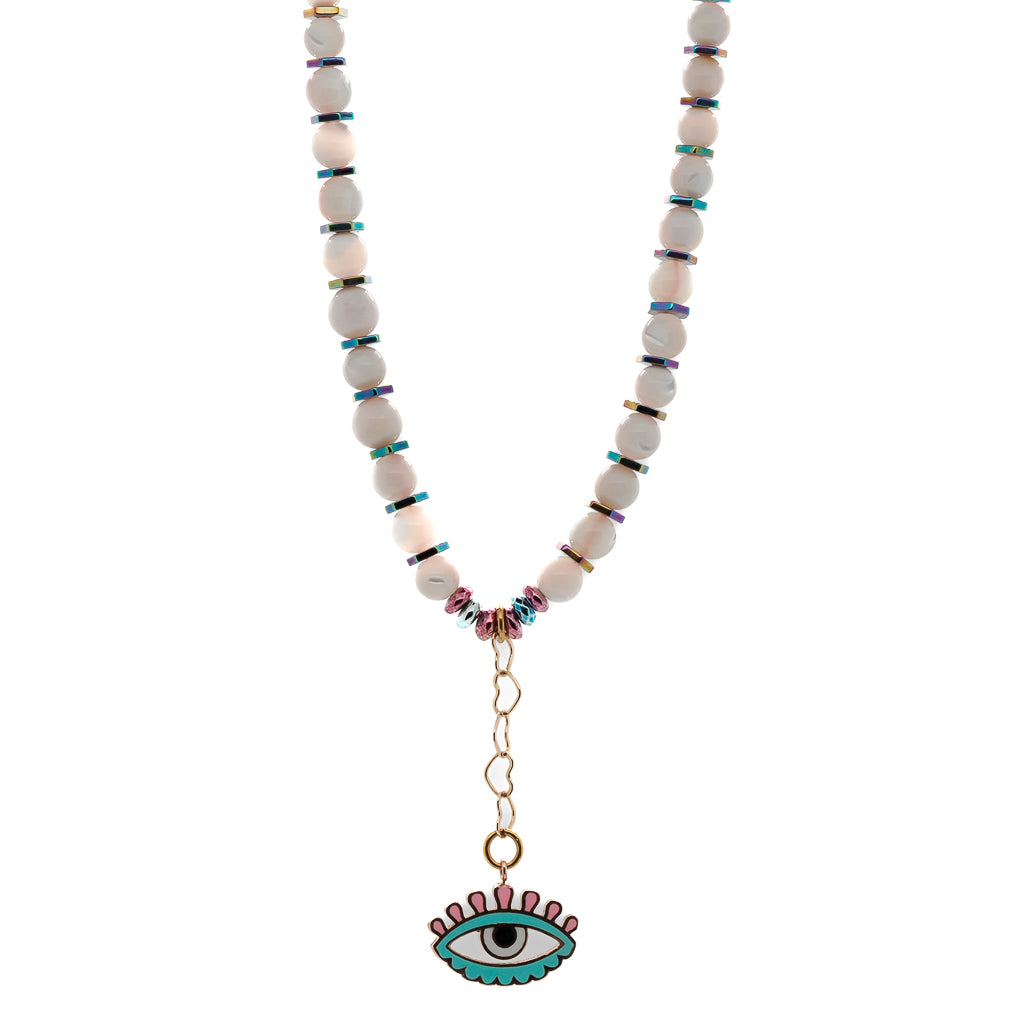 Elevate your style and invite protection with the Love Protection Necklace, showcasing vibrant Tridacna stone beads and an enchanting Evil Eye charm.