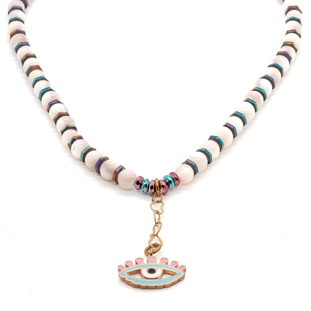 Unleash your inner strength with the Love Protection Necklace, a handcrafted piece adorned with Tridacna stone beads and a captivating Evil Eye pendant.