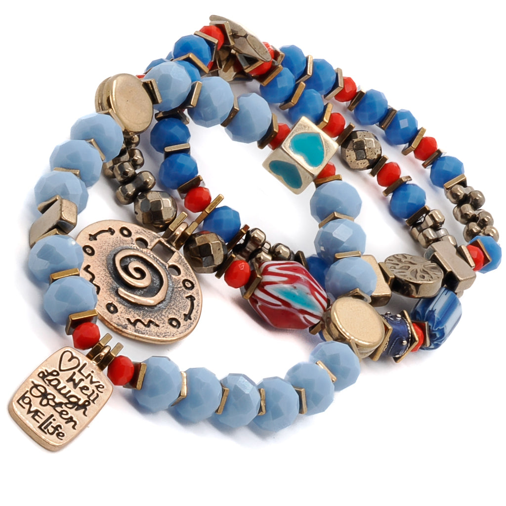 Feel the uplifting energy of the Love Spiritual Life Bracelet Set, adorned with blue crystal beads and inspiring charms.