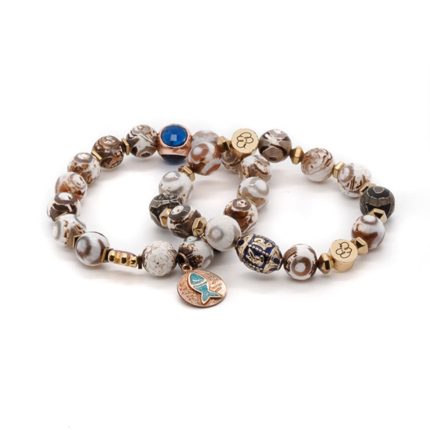 Embrace the empowering energy of the Lucky Fish Bracelet Set, featuring Tibetan agate beads, gold hematite, blue and gold glass beads, and symbolic charms for good luck and prosperity.