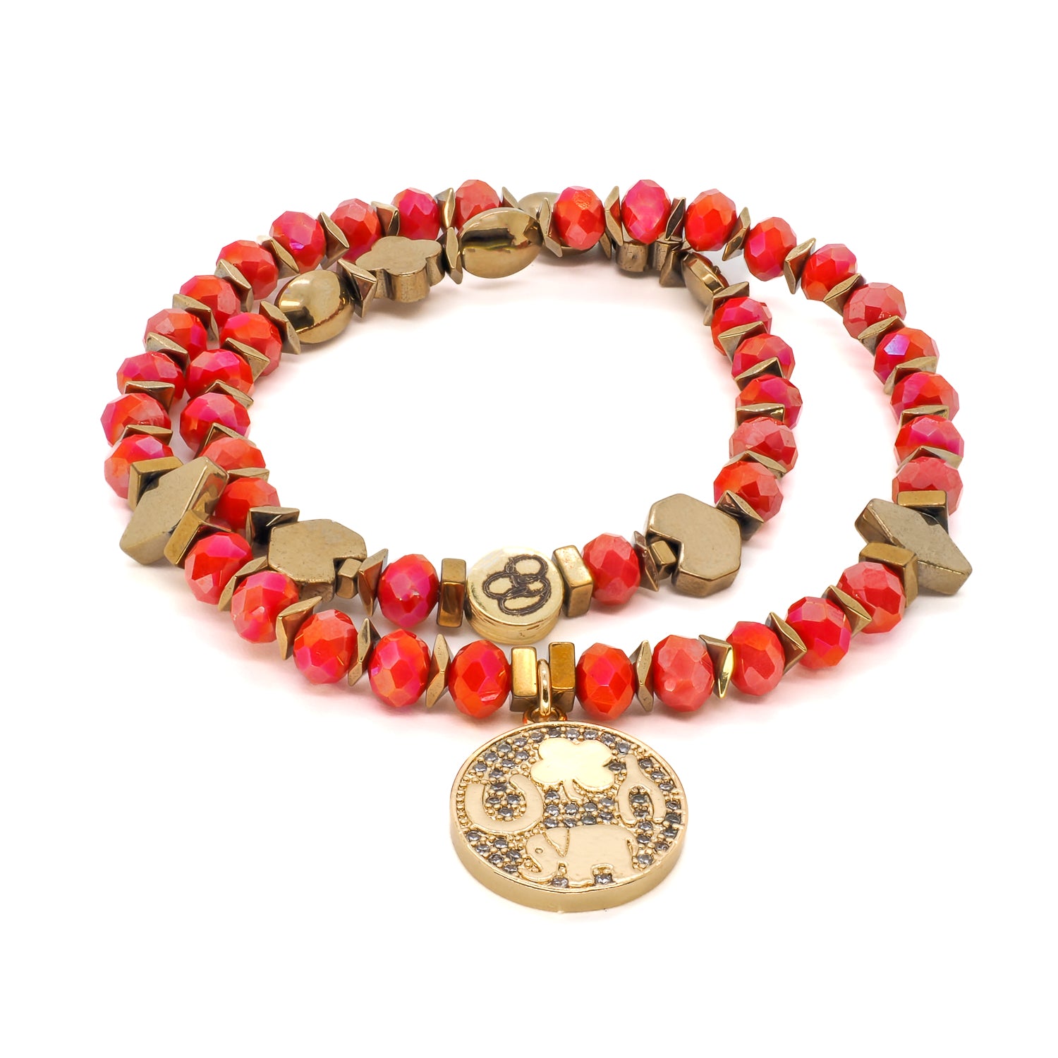 Embrace the vibrant energy of the Lucky Symbol Bracelet, featuring orange crystal beads and a gold symbol charm, a beautiful handmade accessory.