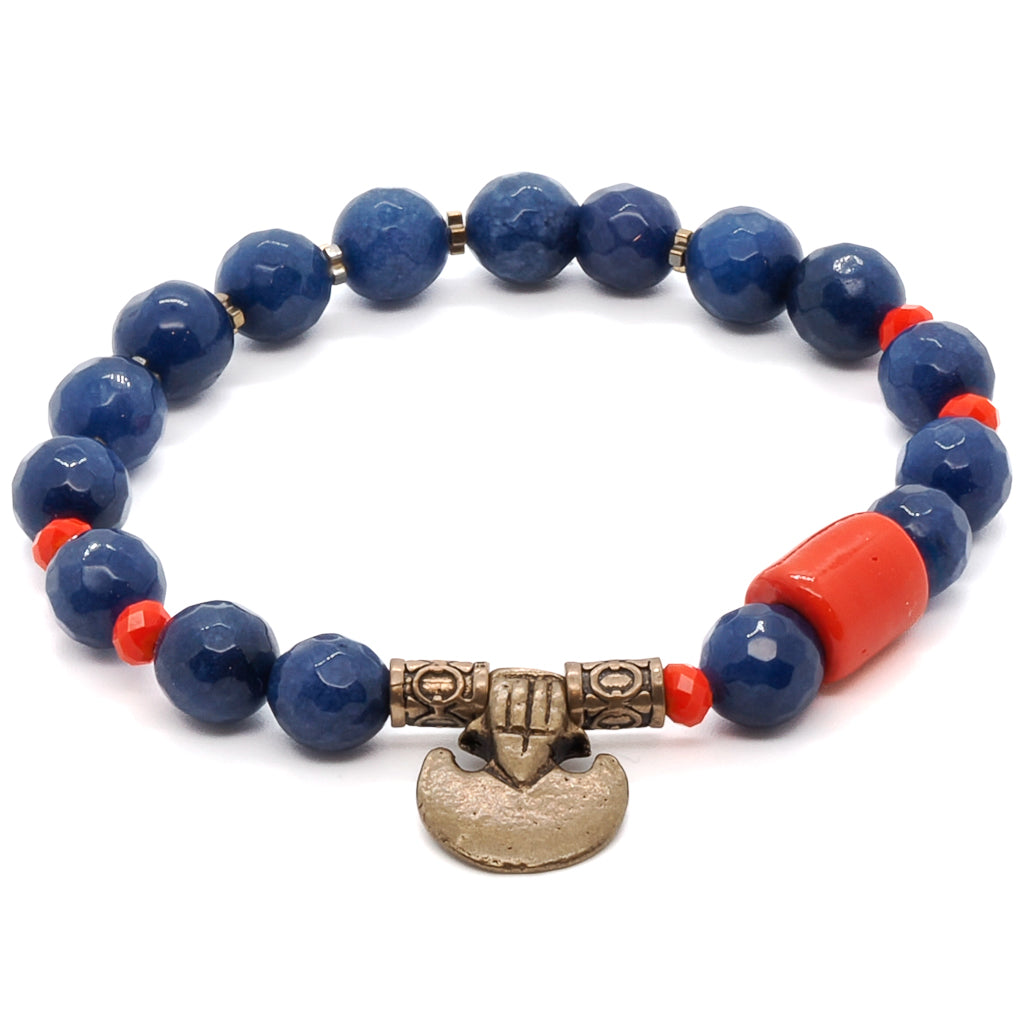 Unleash your inner warrior with the Martial Bracelet, adorned with Blue Agate and Orange Crystal beads, a powerful Red focal bead, and Bronze spacers and charm.
