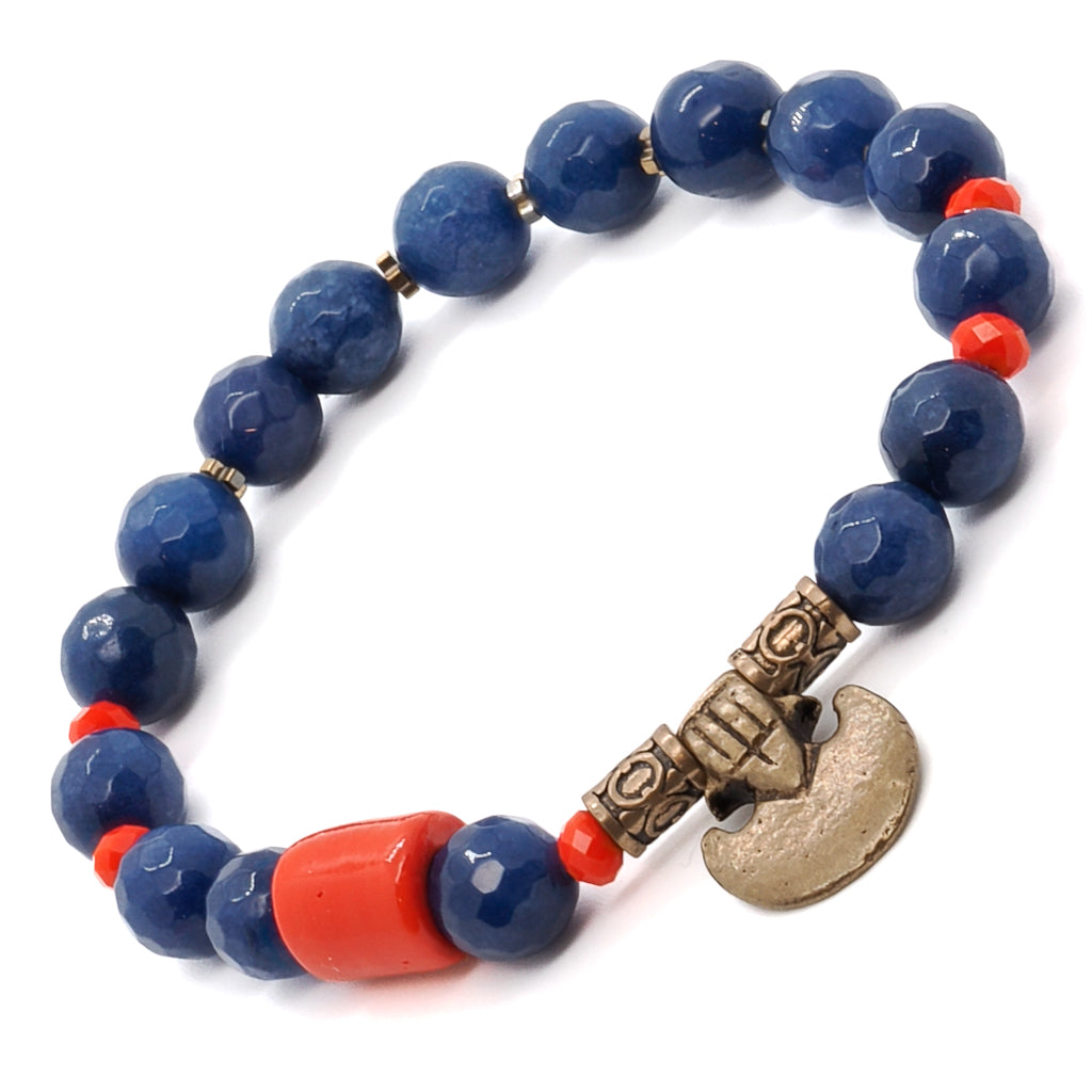Elevate your style with the Martial Bracelet, a handmade accessory combining Blue Agate, Orange Crystal, Red, and Bronze elements for a captivating design.