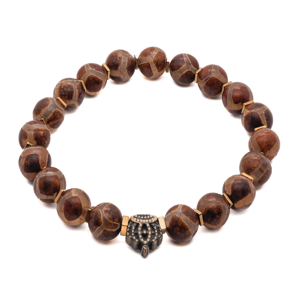 Elevate your style with the Men&#39;s Spiritual Beaded King Crown Bracelet, crafted with Tibetan Agate and Hematite stone beads.