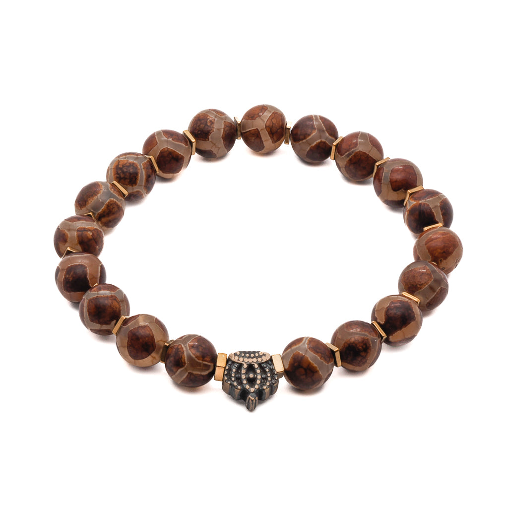 Discover the regal charm of the Men&#39;s Spiritual Beaded King Crown Bracelet, featuring Tibetan Agate and a crown accent bead.