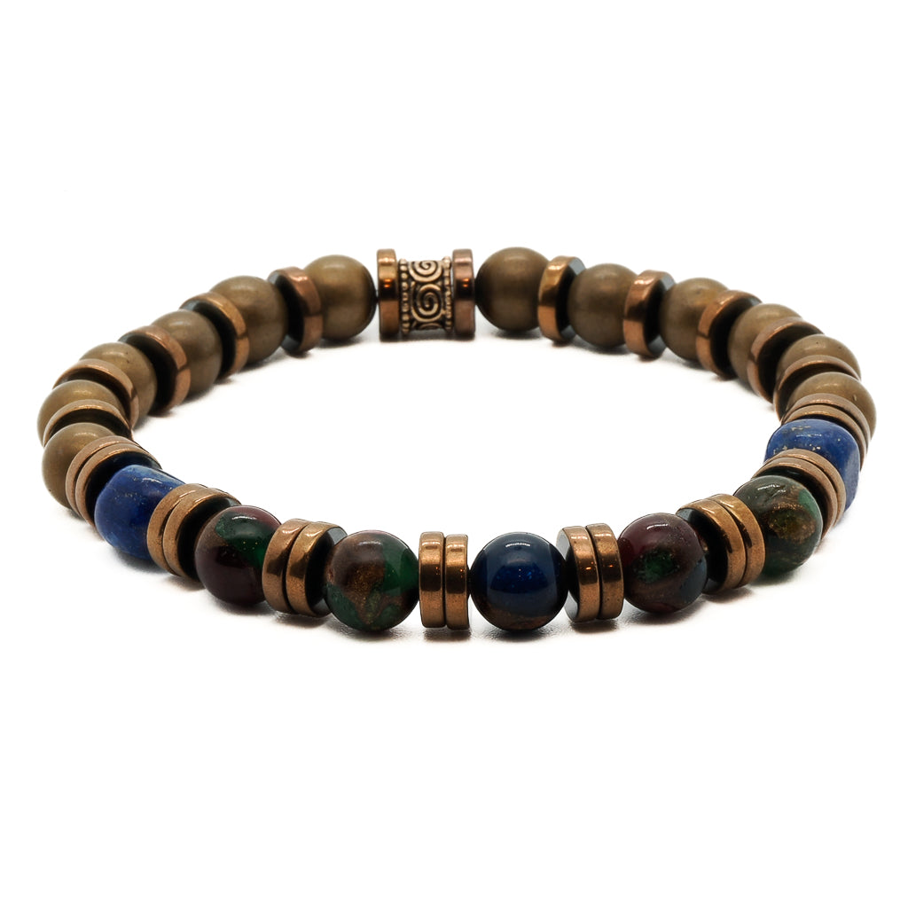 Witness the distinctive design of the Men's Style Jasper Bracelet, combining hematite, lapis lazuli, and jasper stones for a striking look.