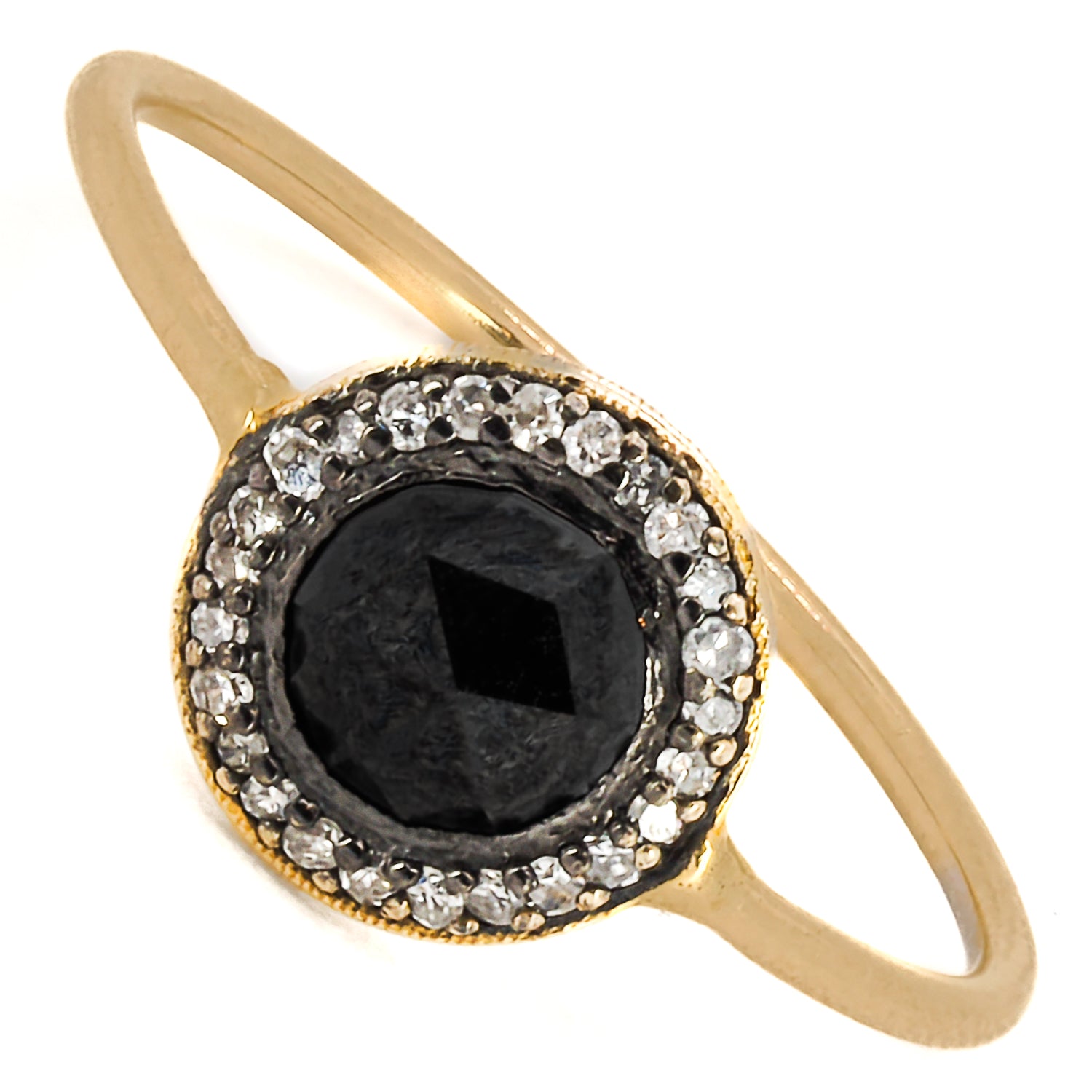 Handmade black diamond ring with 14k gold setting, perfect for any occasion.