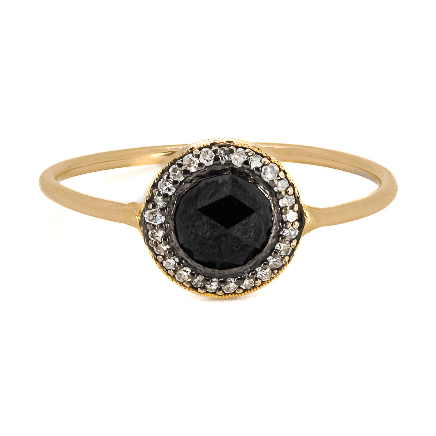 The Mini Black Rose Cut Ring, a striking and elegant accessory featuring high-quality black diamonds and 14k gold.