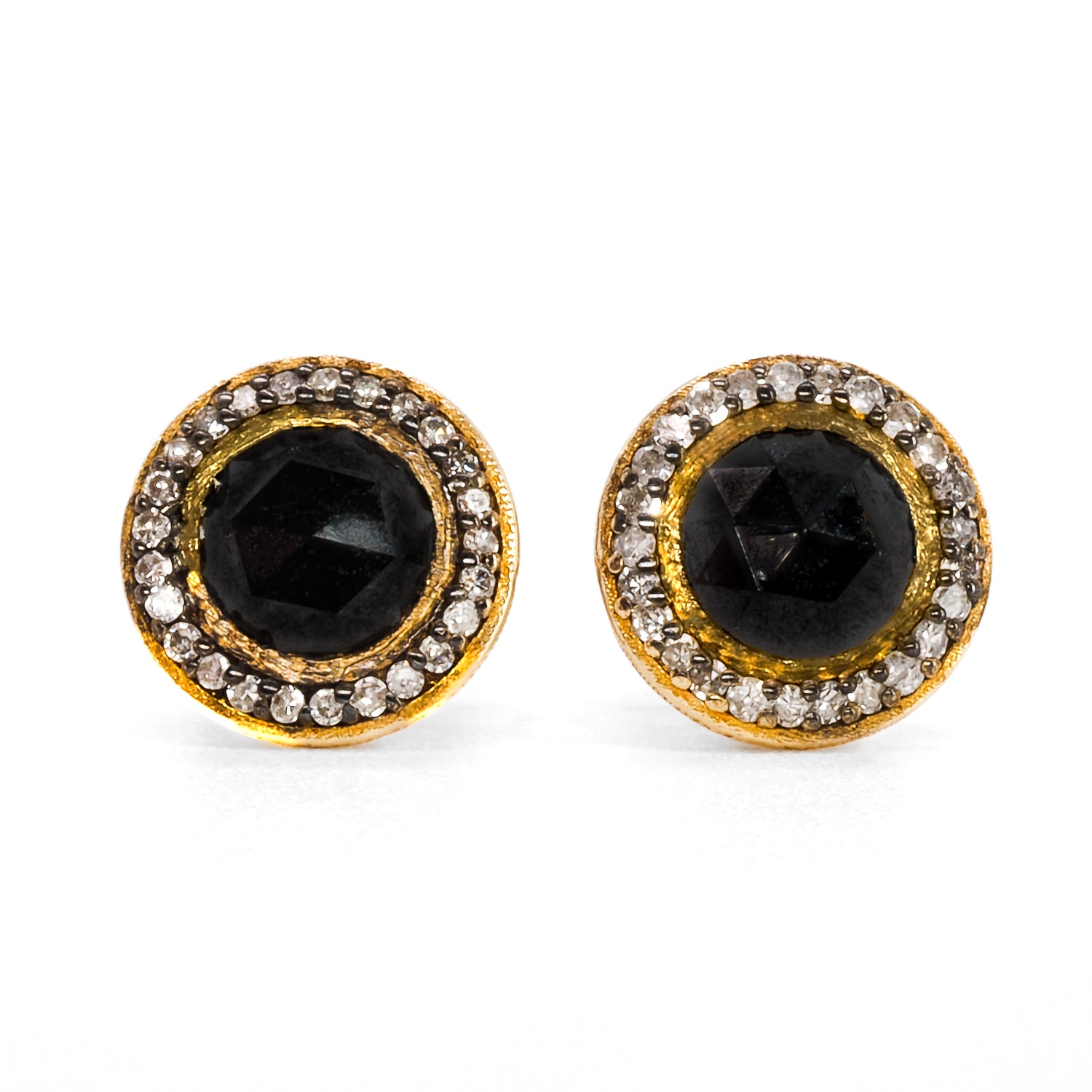 The Mini Black Rose Cut Stud Earrings, a stunning pair of handmade earrings featuring black diamonds set in 14K yellow gold.