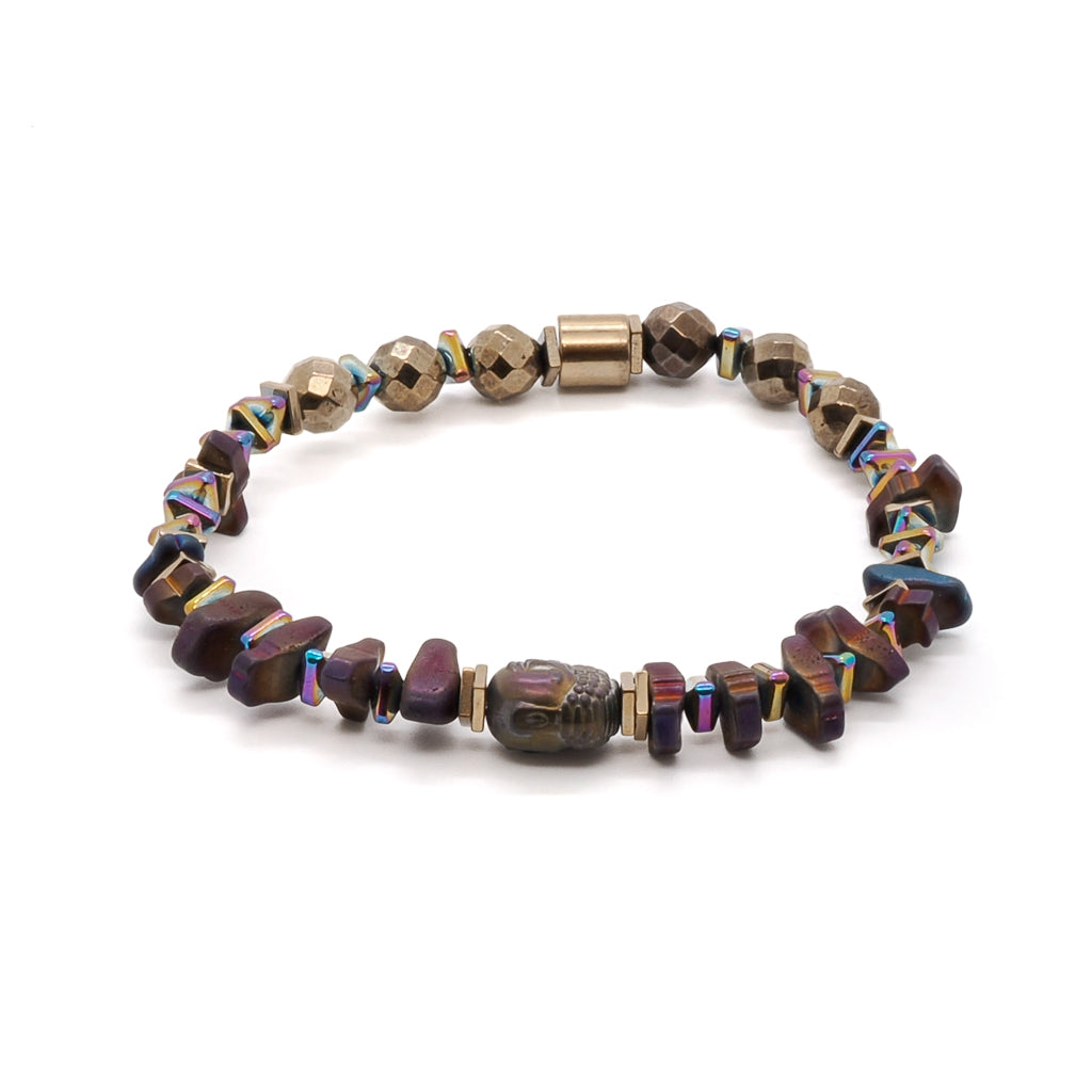 The Mystic Buddha Bracelet, featuring the serene Hematite Buddha bead and the intricate design of the gold and multi-color hematite stone spacers, exuding a captivating and spiritual aura.