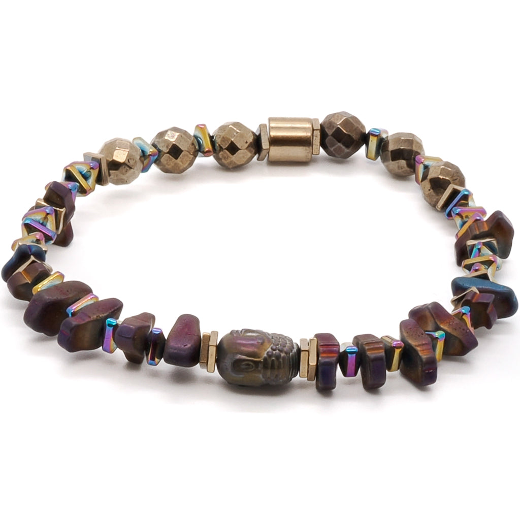 The Mystic Buddha Bracelet, as seen in the image, exemplifies a balance of aesthetic beauty and spiritual significance, with the Hematite Buddha bead and the stunning gold and multi-color hematite stone spacers adding a touch of serenity to your style.