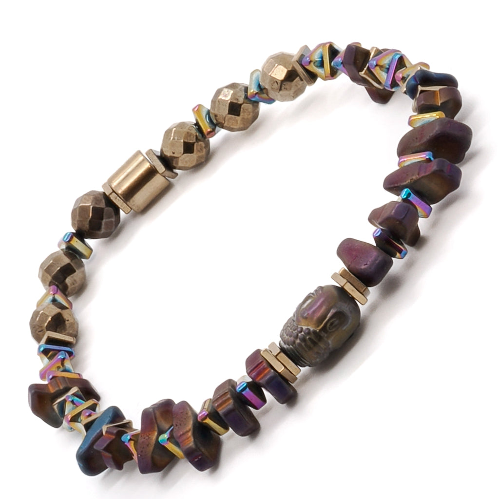 Experience the spiritual energy of the Mystic Buddha Bracelet, as the Hematite Buddha bead and the shimmering gold hematite stone spacers come together to create a bracelet that emanates tranquility and enlightenment.