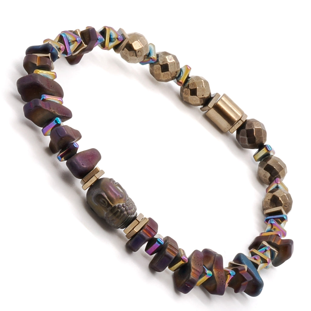 A close-up of the Mystic Buddha Bracelet showcases the exquisite craftsmanship of the Hematite Buddha bead and the delicate arrangement of the gold and multi-color hematite stone spacers, creating a harmonious and spiritually inspired bracelet.
