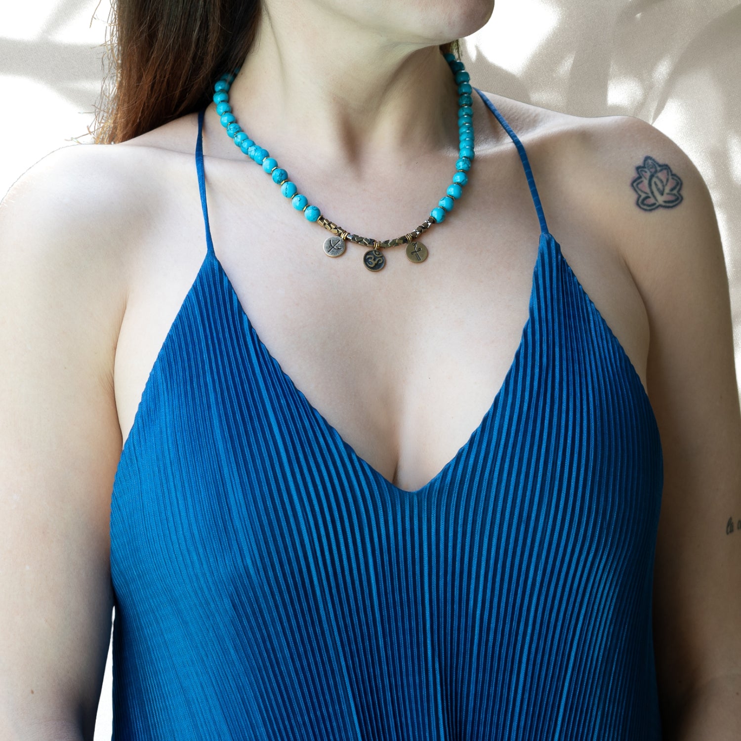 Model wearing the Mystic Meditation Necklace, embodying peace and spiritual connection.