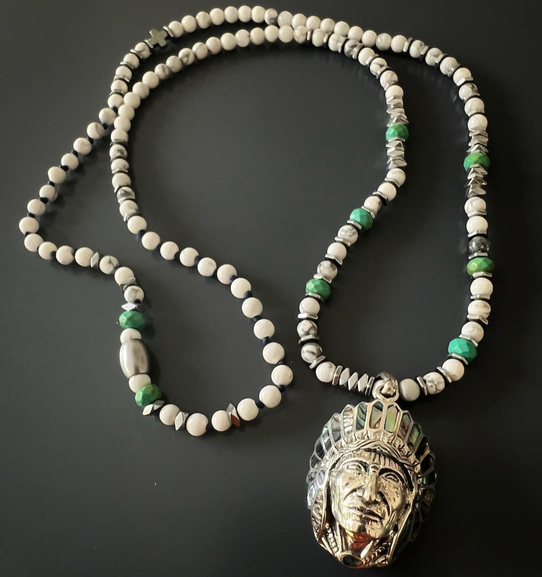 Detailed shot of the white howlite stone beads used in the Native American Chief Necklace.