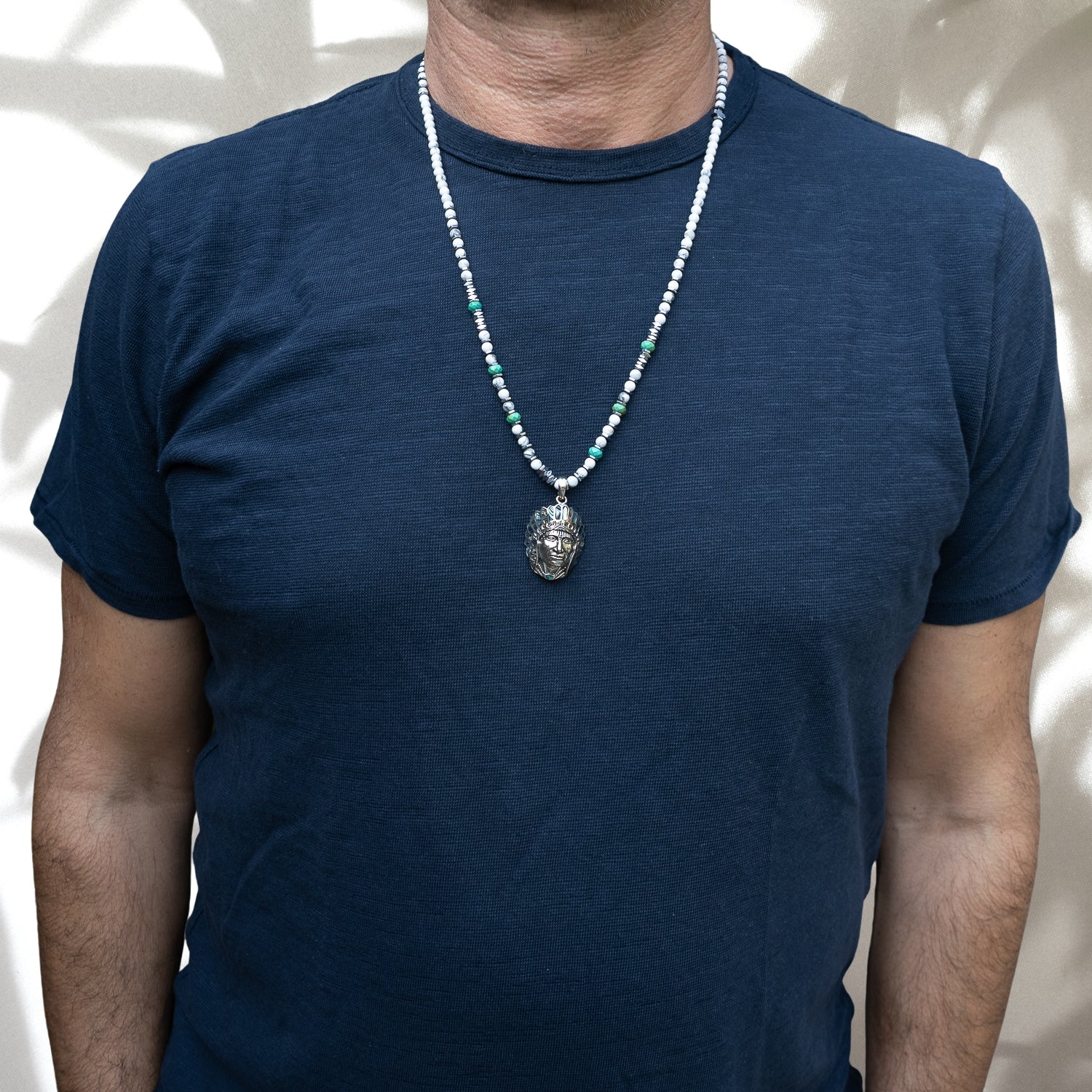 Model wearing the Native American Chief Necklace, showcasing its unique and bold design.