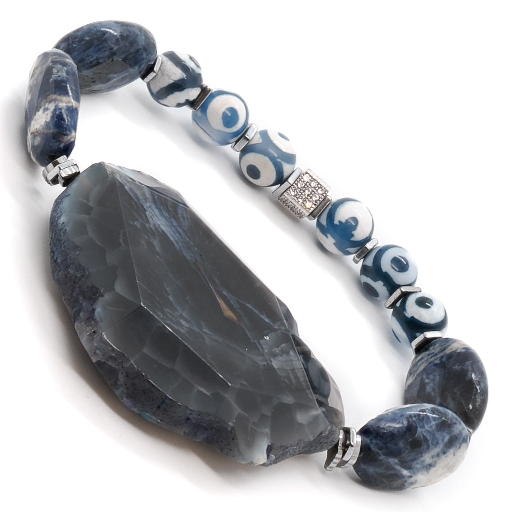 Detailed shot of the flat Sodalite stone beads used in the Emotional Balance Bracelet.