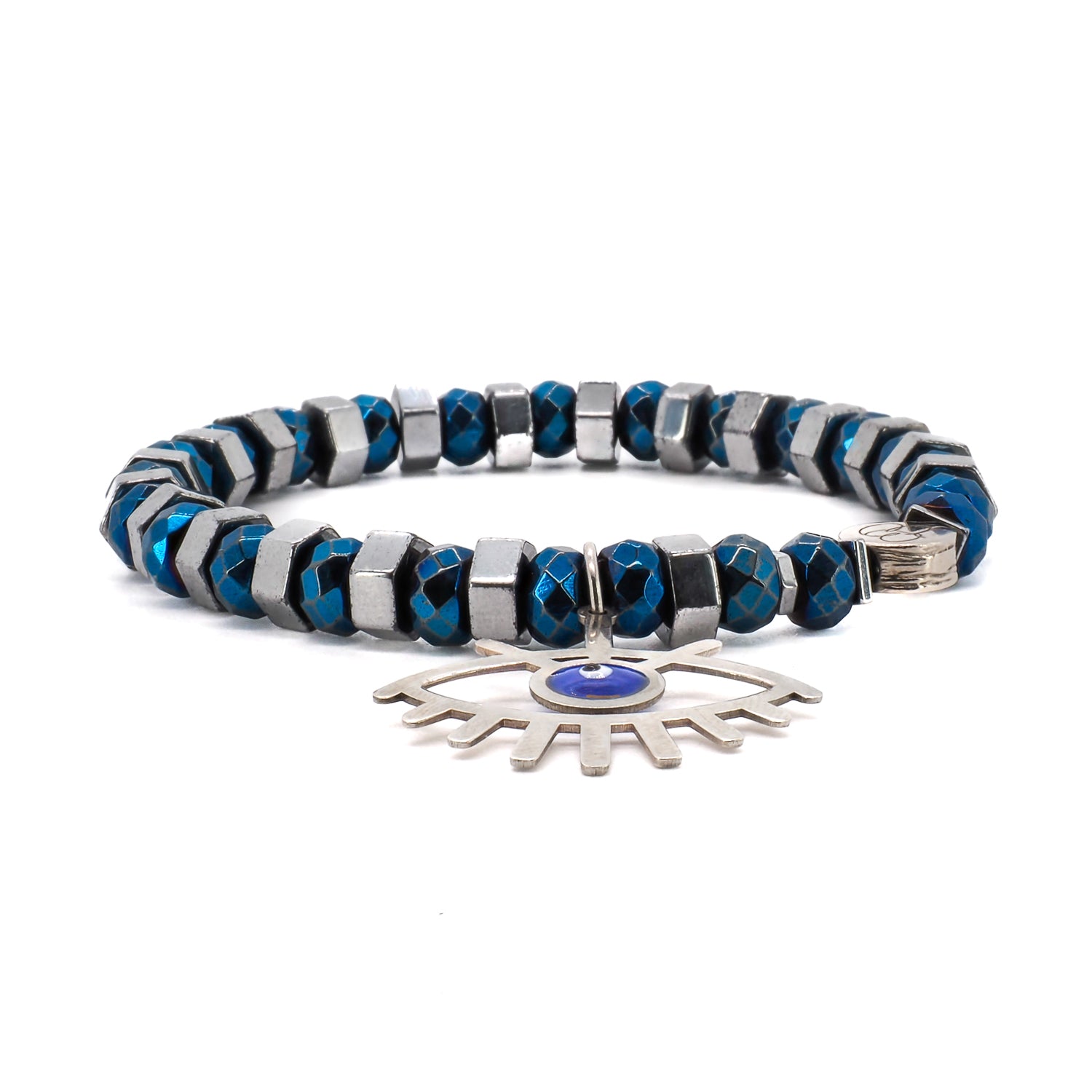 Experience the grounding properties of hematite with the Nazar Bracelet, adorned with a sterling silver evil eye charm.