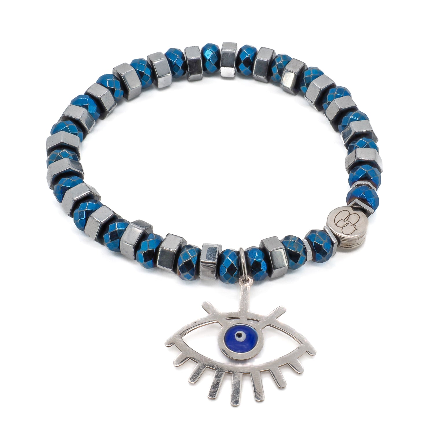 Discover the protective and stylish Nazar Bracelet, featuring a combination of handmade blue and silver hematite stones.