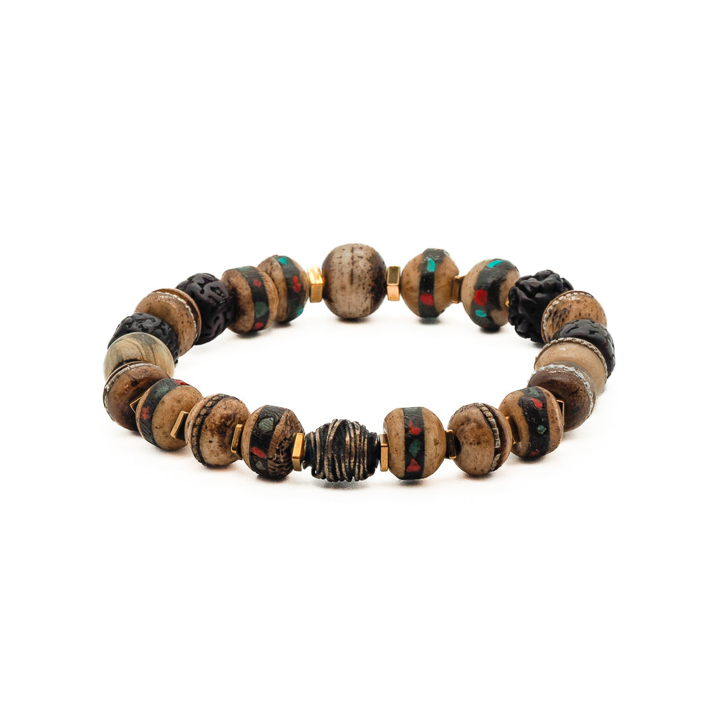 Nepal Meditation Men's Bracelet - Inlaid Yak Bone Beads and Seed Beads