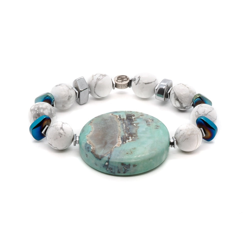 Discover the beauty of the Ocean Bracelet, featuring a large ocean jasper stone and white howlite stone beads.
