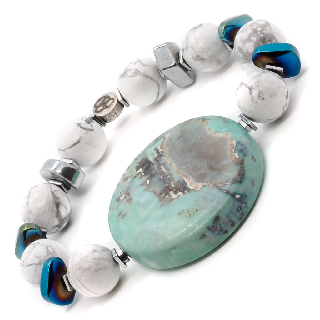 Experience the tranquility of the Ocean Bracelet, adorned with a round ocean jasper stone and white howlite beads.
