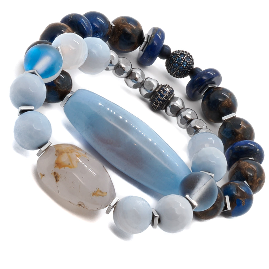 Immerse yourself in the calming energies of the Ocean Inner Peace Bracelet Set, adorned with lapis lazuli and Swarovski crystal beads.