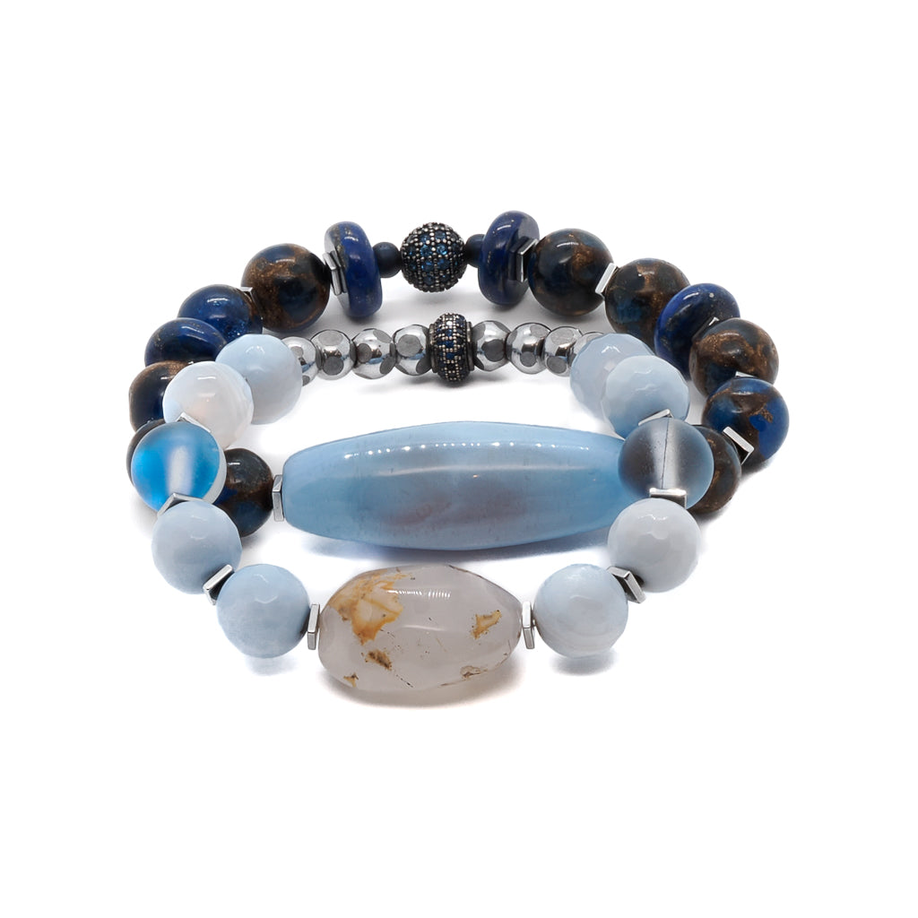 Discover the serenity of the Ocean Inner Peace Bracelet Set, featuring light blue lace agate and jasper stone beads.