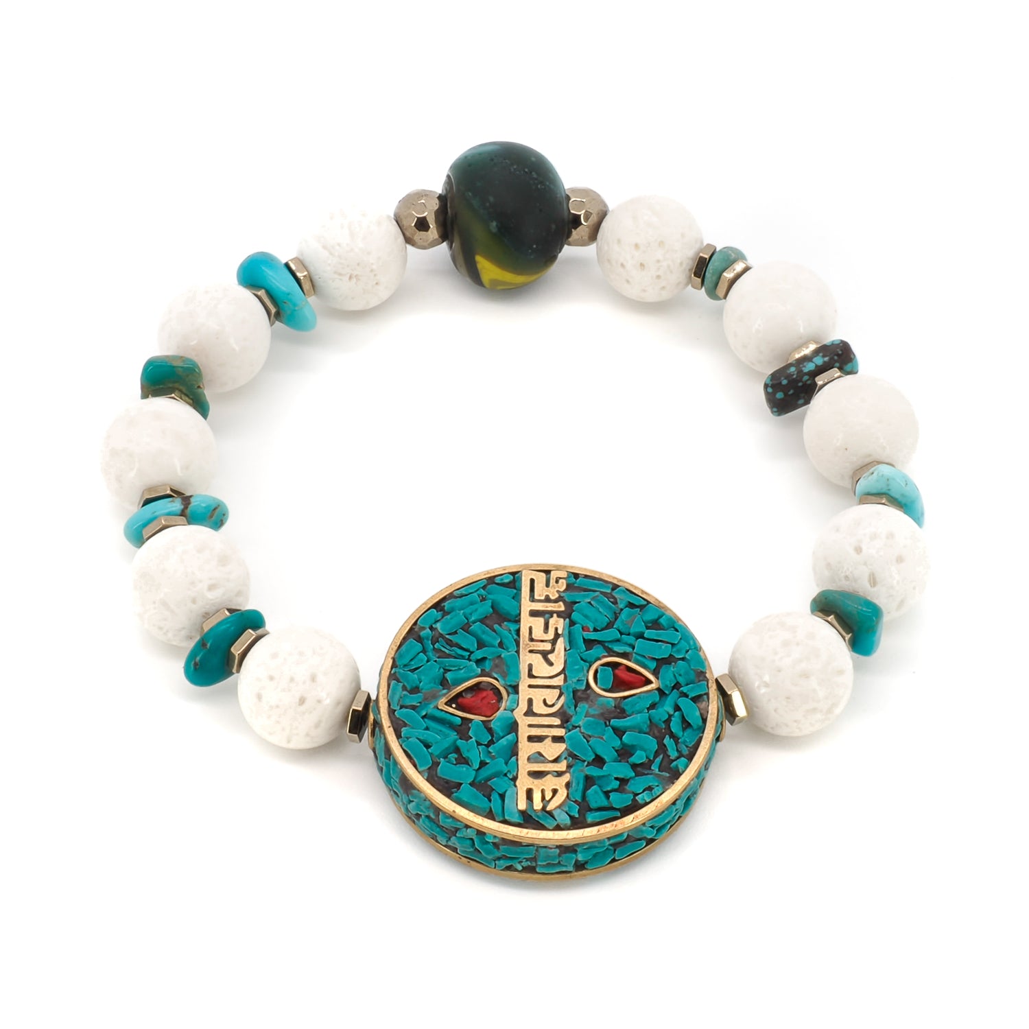 Admire the beauty of the OM Mani Mantra Bracelet, featuring white mountain jade stone beads and a Nepal OM Mani Padme Hum Mantra bead.