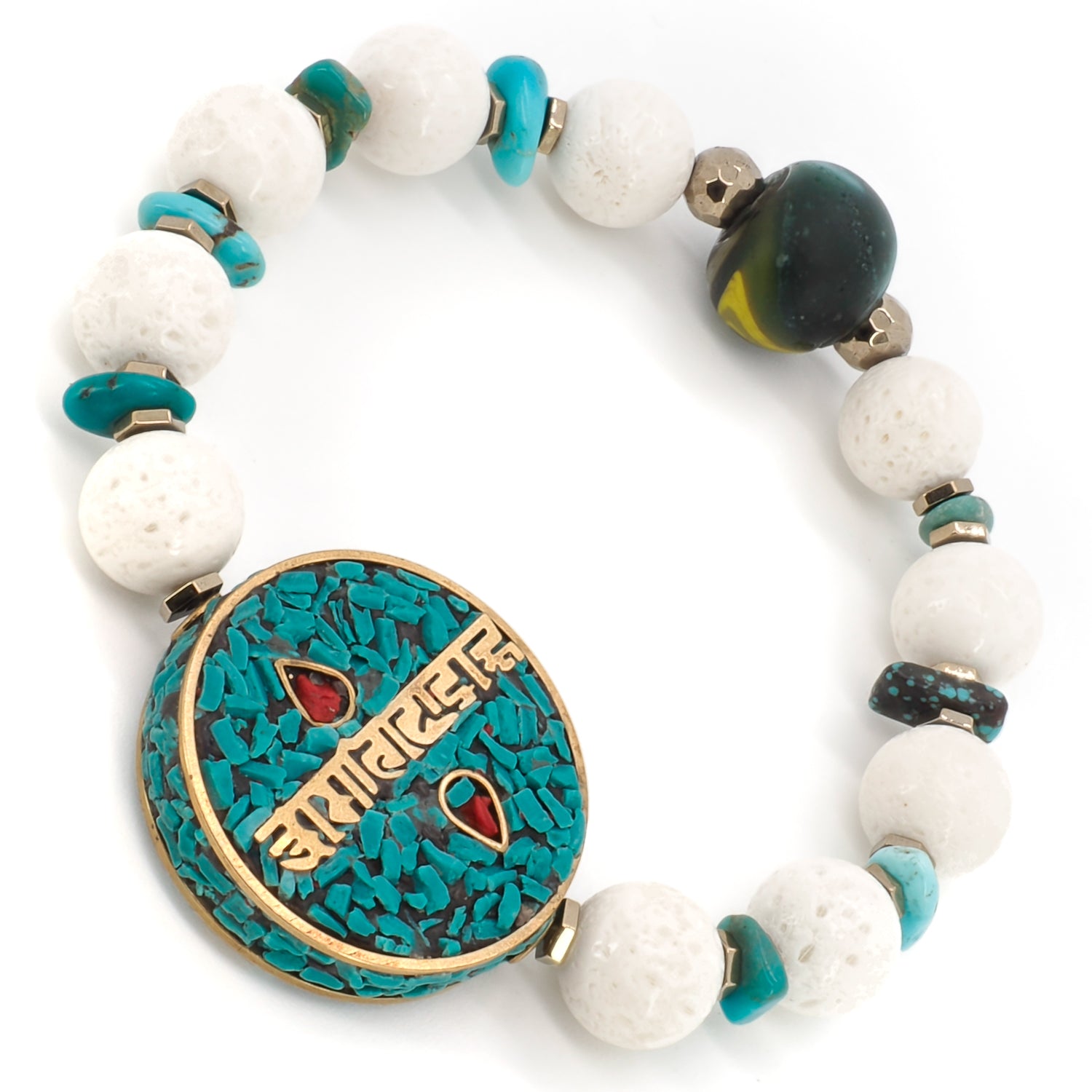 The OM Mani Mantra Bracelet is a symbol of spirituality and beauty, handcrafted to bring peace and positive energy.