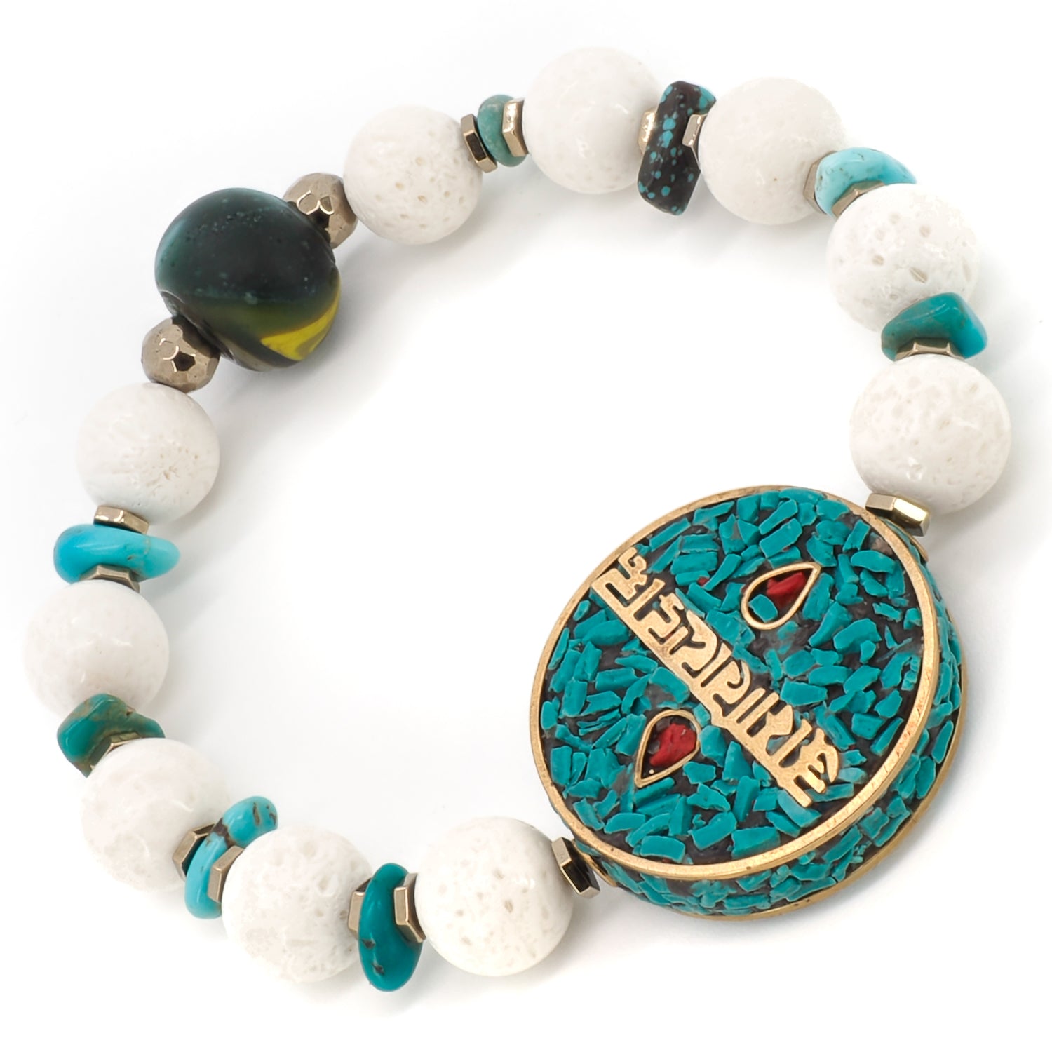 Feel the energy of the OM Mani Mantra Bracelet, handmade with care and attention to detail for a meaningful and unique accessory.