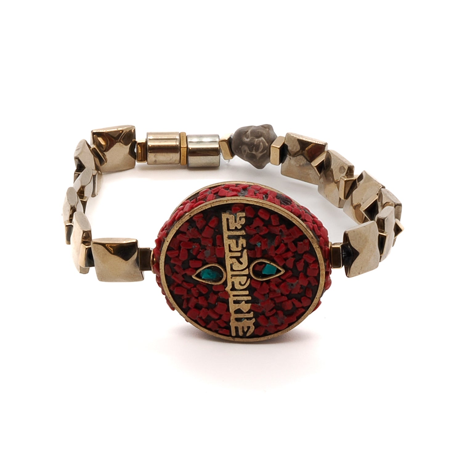 Embrace the spiritual energy of the Om Mani Padme Hum Coral Mantra Bracelet, featuring gold color hematite beads and a Nepal mantra bead.