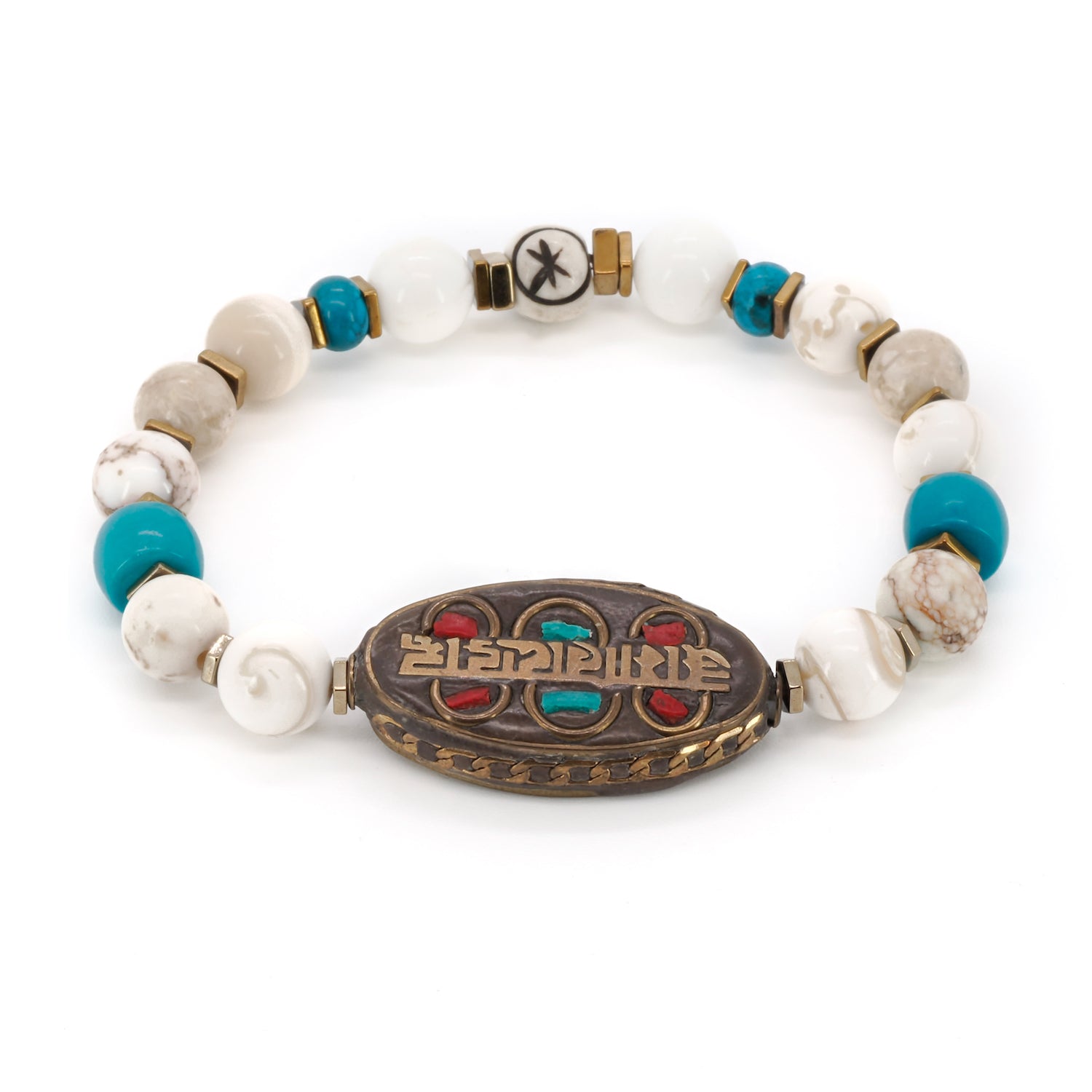 Embrace the spiritual traditions of Nepal with the Om Mani Padme Hum Nepal Bracelet, featuring Nepal agate beads and a mantra centerpiece.