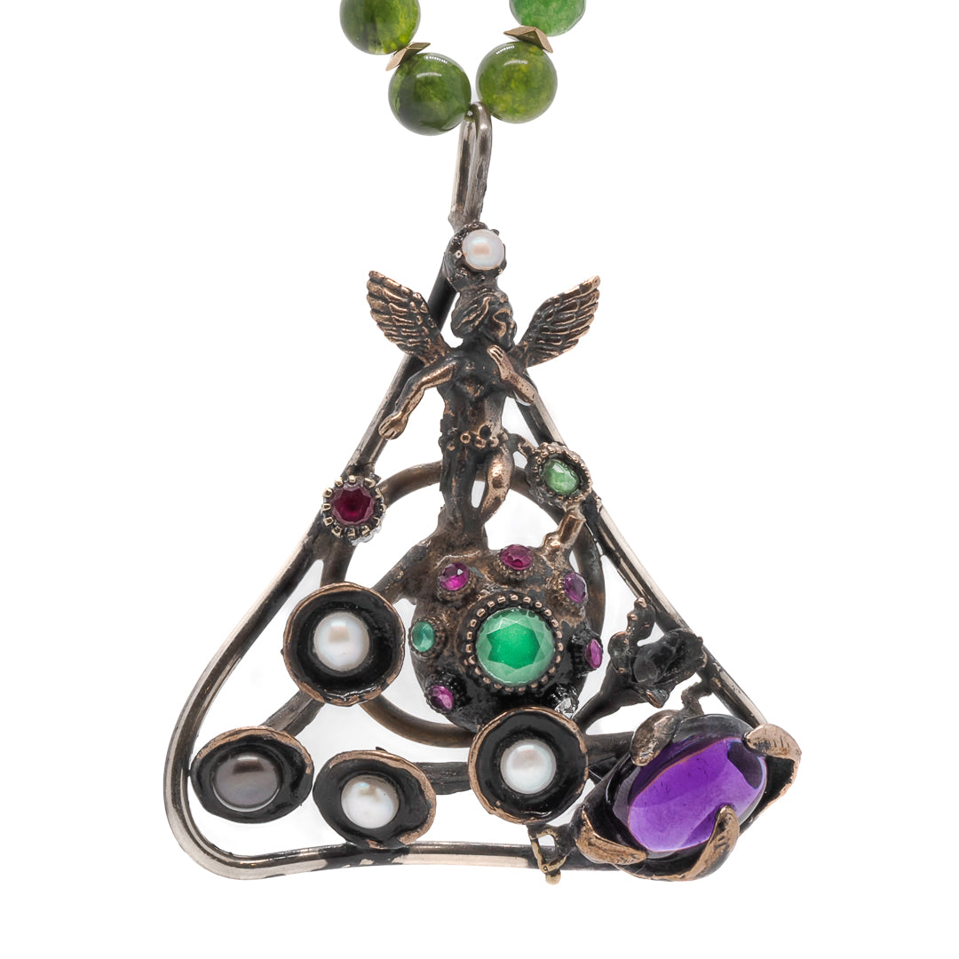 Guardian Angel Necklace - Features a Large Triangle Pendant with Amethyst, Pearl, Jade, and Ruby Stones.
