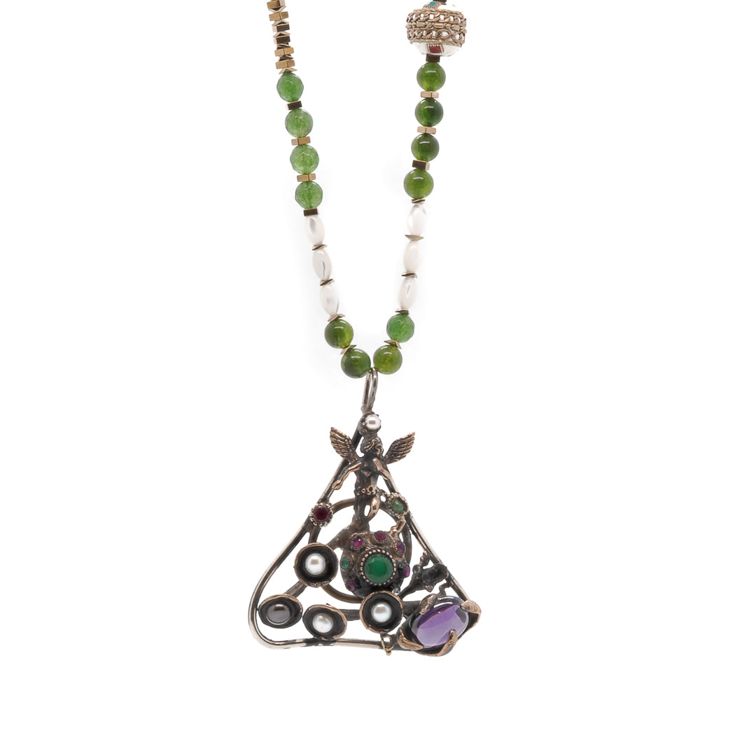 One of a Kind Angel Necklace - Handcrafted with Green Jade and Mother-of-Pearl Beads.