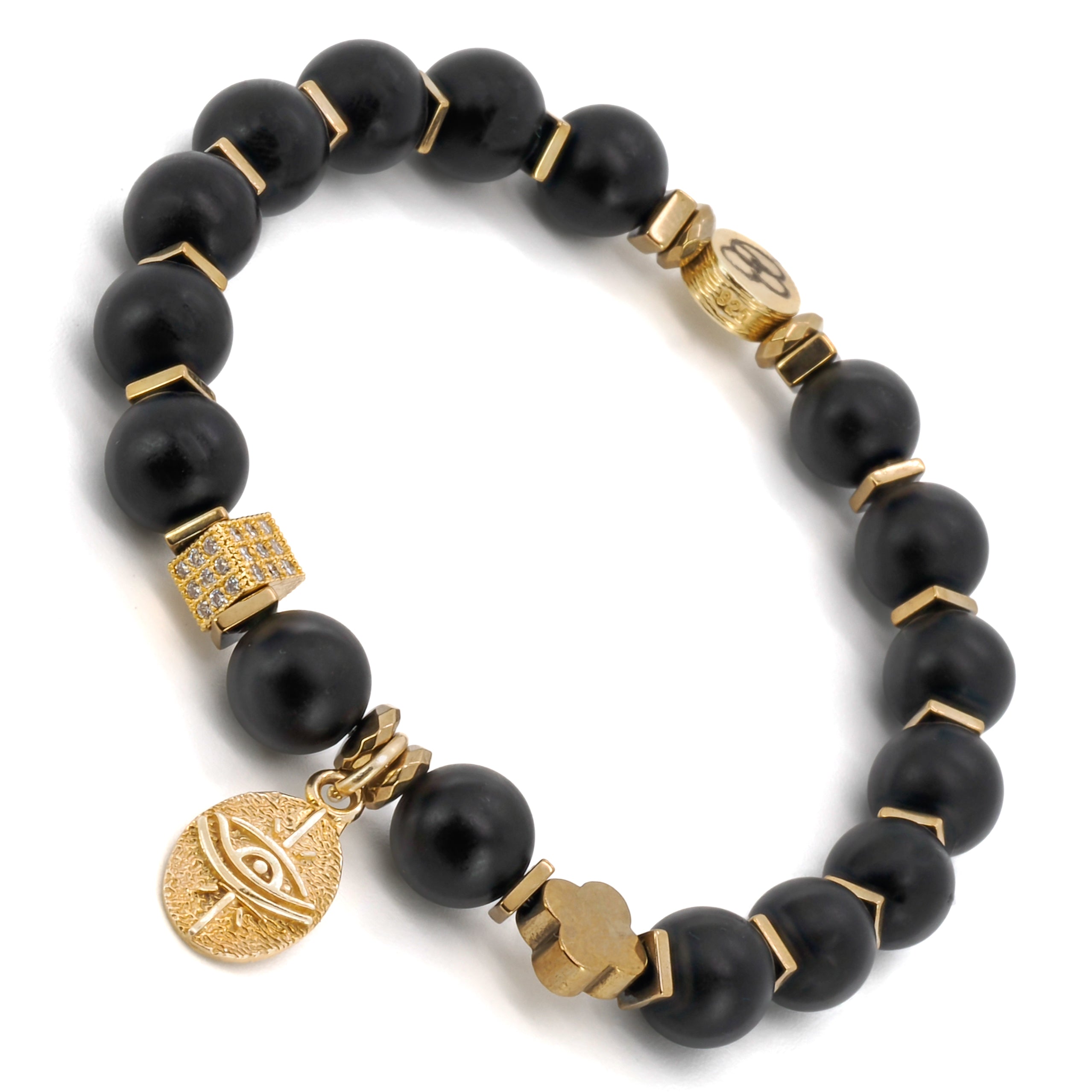 Elevate your style and embrace spiritual energy with the Onyx Unique Eye Bracelet, featuring a gold-plated evil eye charm.