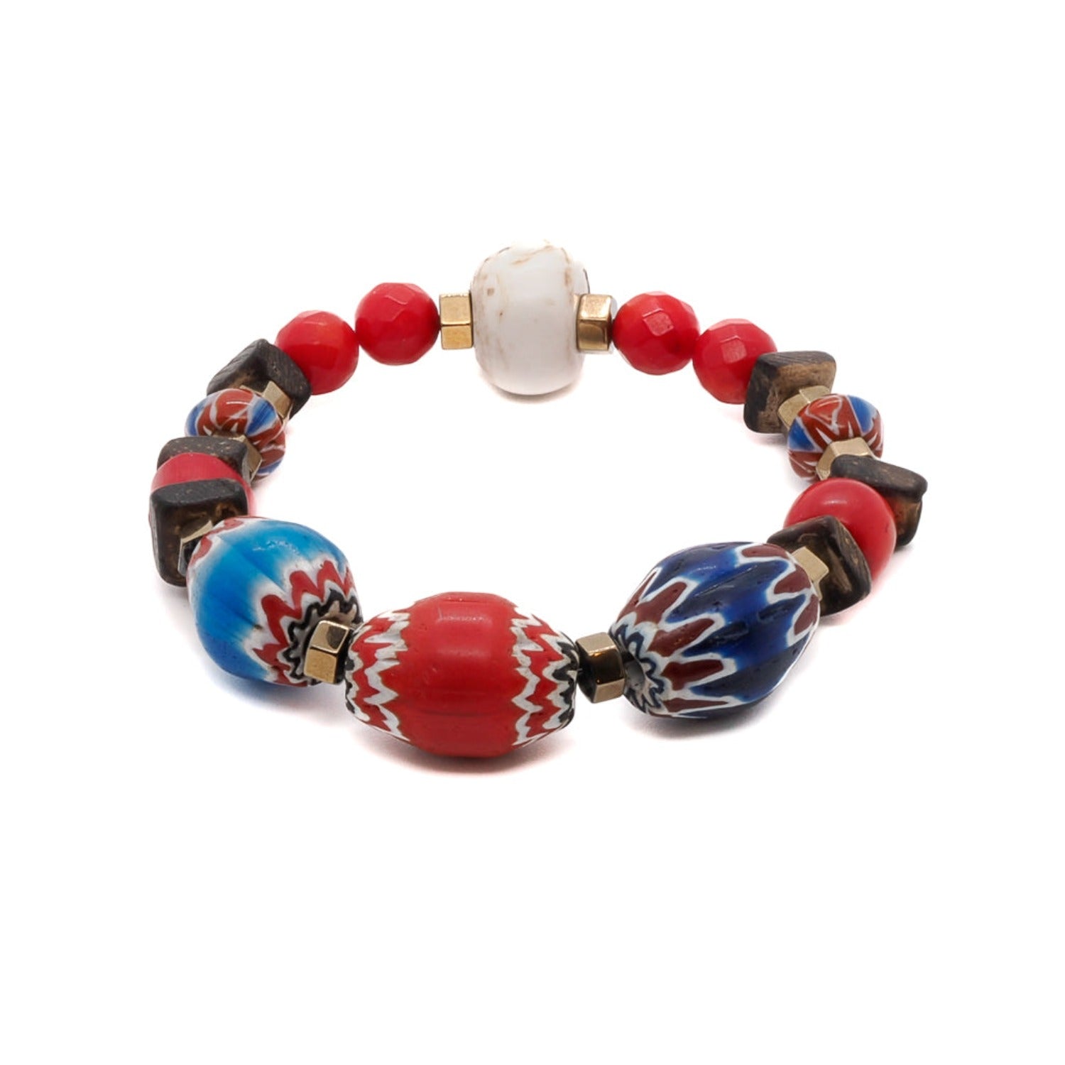 Embrace the unique beauty of the Palena Bracelet, a handmade accessory featuring African beads and red coral stone.