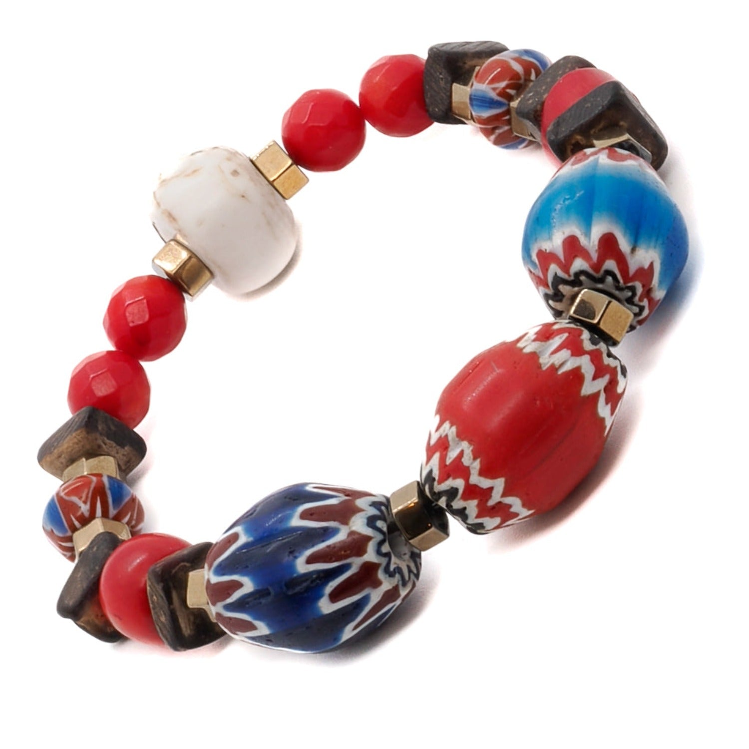 The Palena Bracelet showcases the vibrancy of African beads and the elegance of red coral stone.