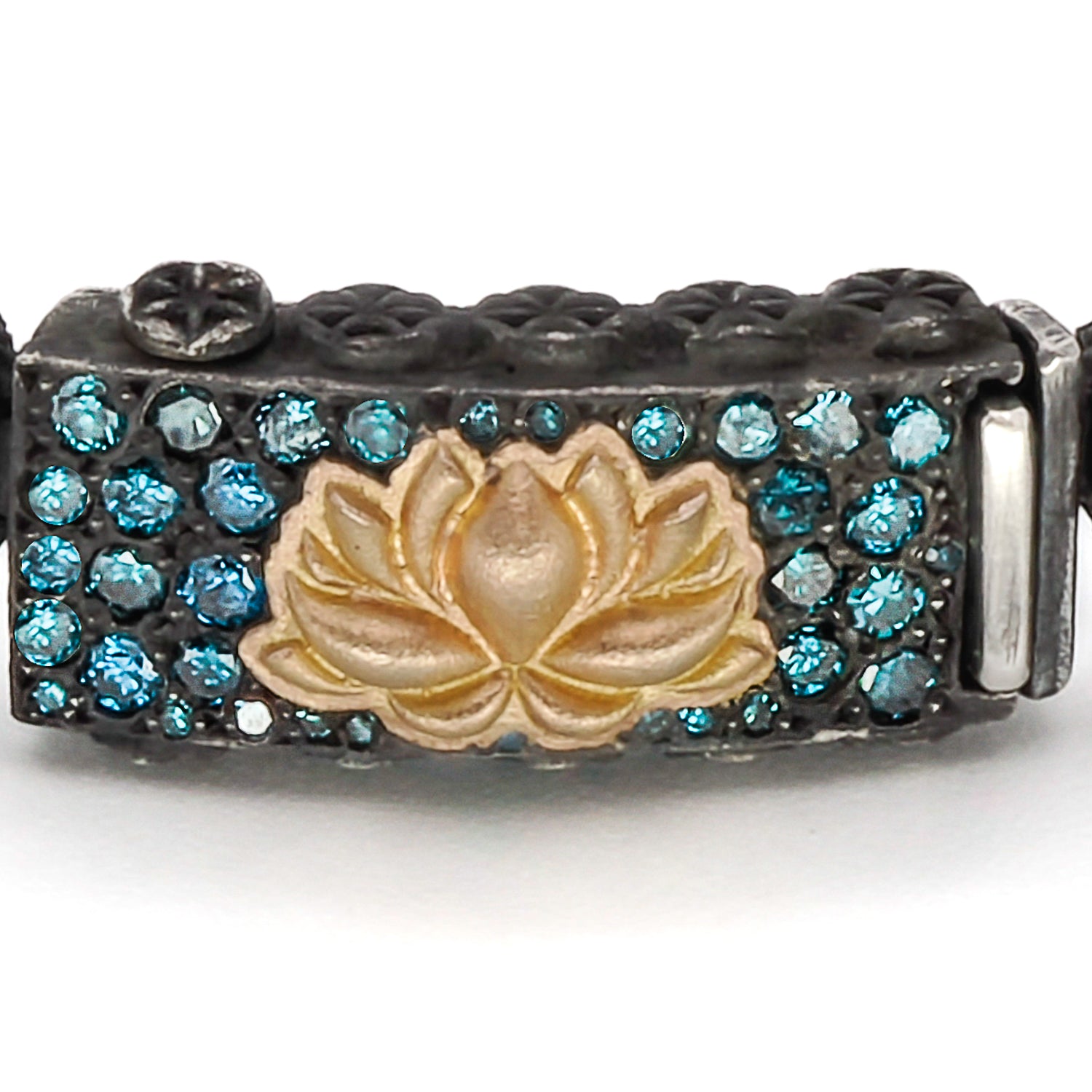 Handmade Fine Jewelry - Buddha Bracelet with Gold Lotus Design and Blue Diamonds.