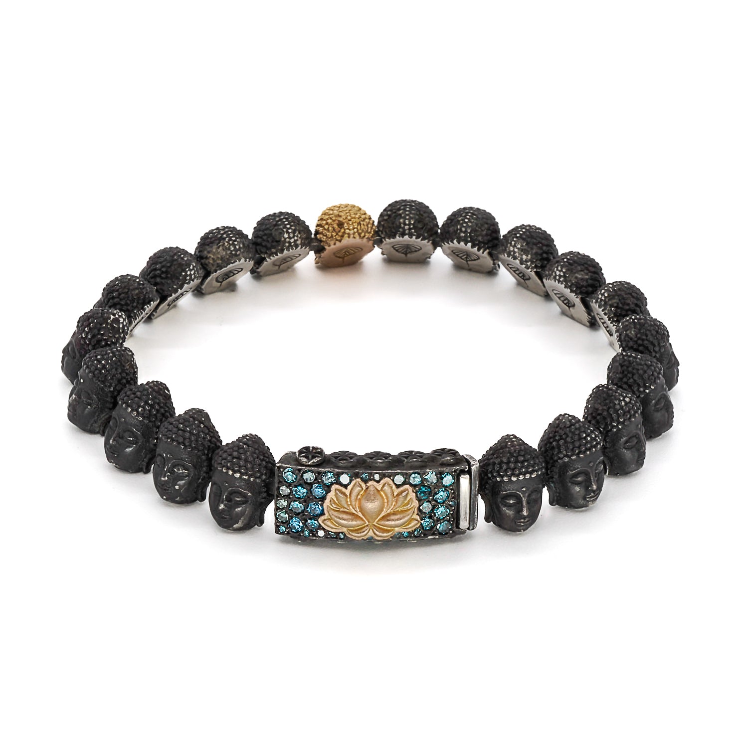 Peace Gold Lotus Silver Buddha Bracelet - Handcrafted with 0.75 Carat Blue Diamonds.