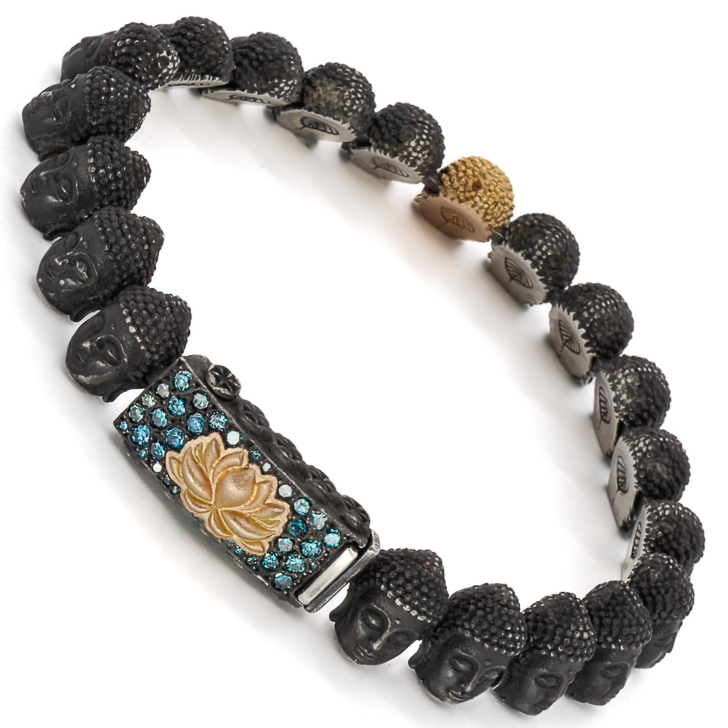 Elegance and Spirituality - Sterling Silver and 18K Gold Buddha Bracelet with Blue Diamonds.