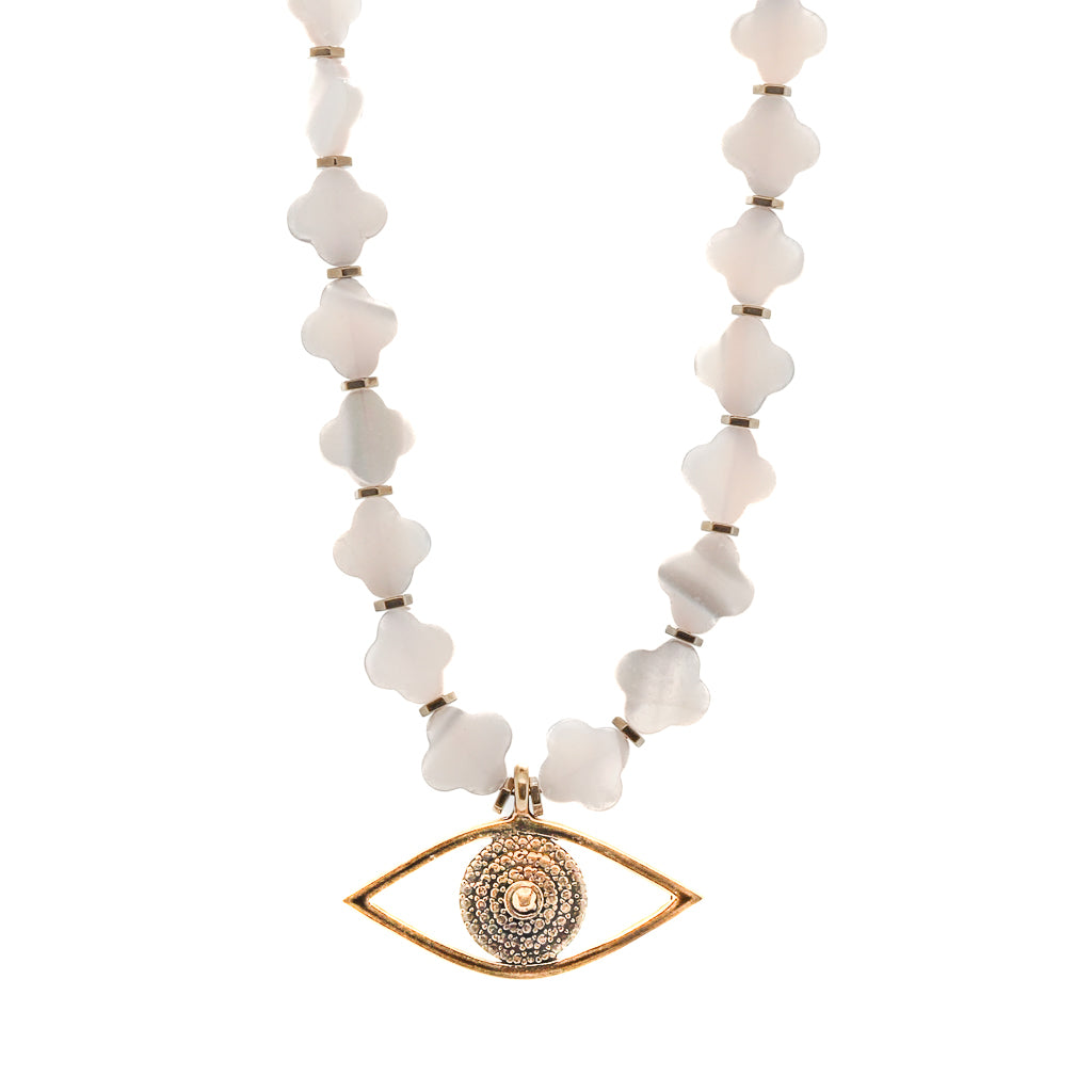 Pearl Clover Evil Eye Necklace with bronze Evil Eye pendant.