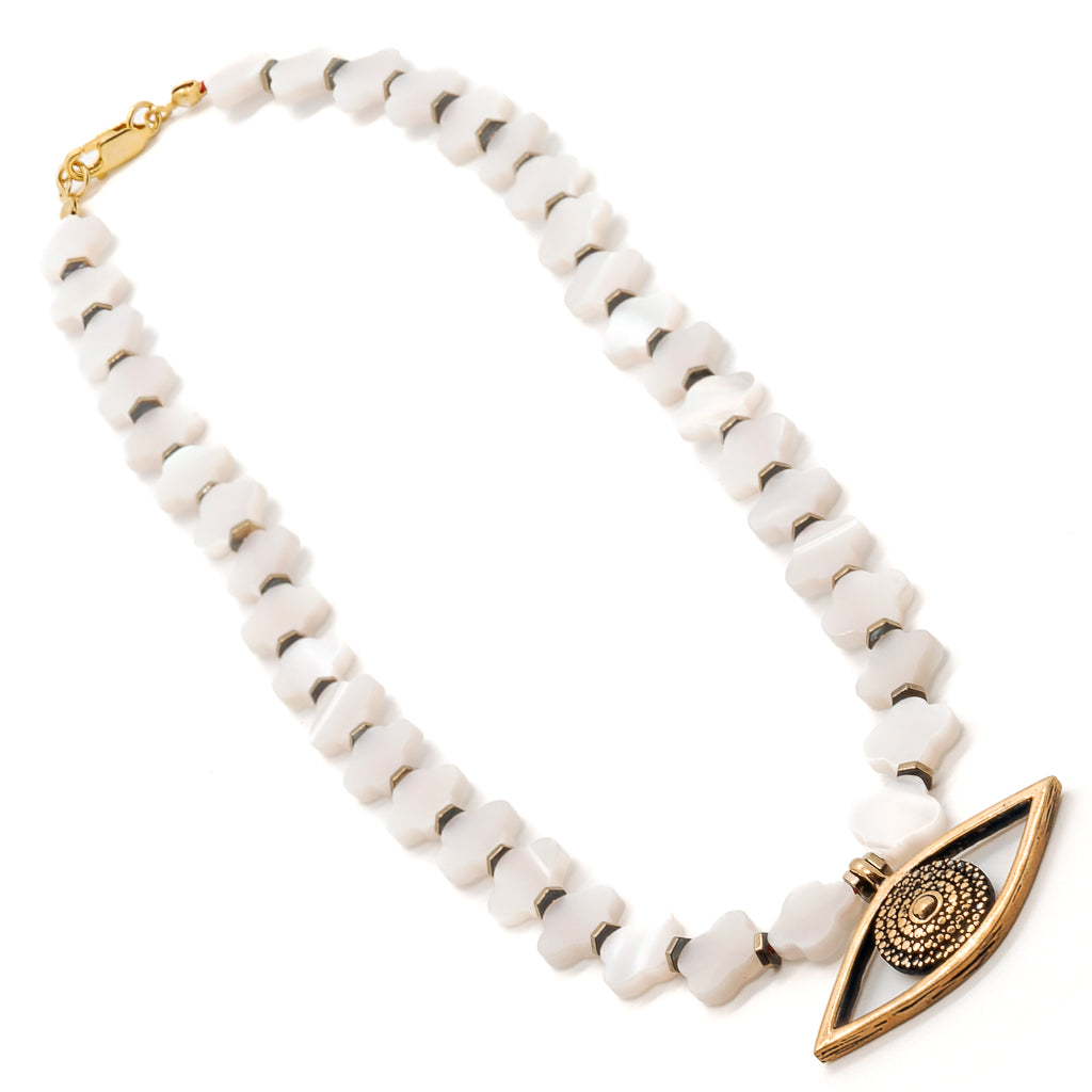 Exquisite Handmade Necklace showcasing the beauty of pearls and the power of the Evil Eye.