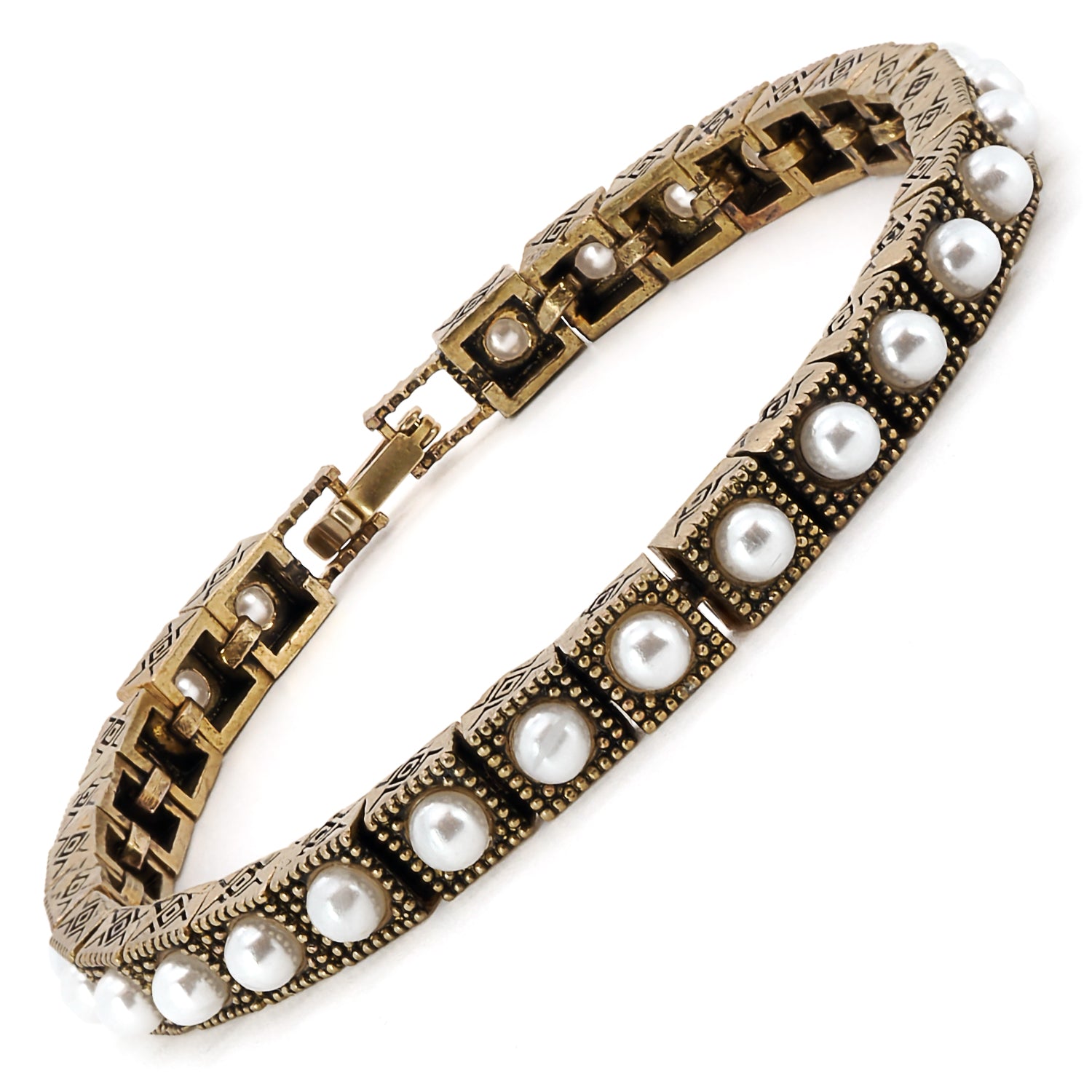 A close-up of the creamy white pearls on the exquisite Pearl Tennis Bracelet.