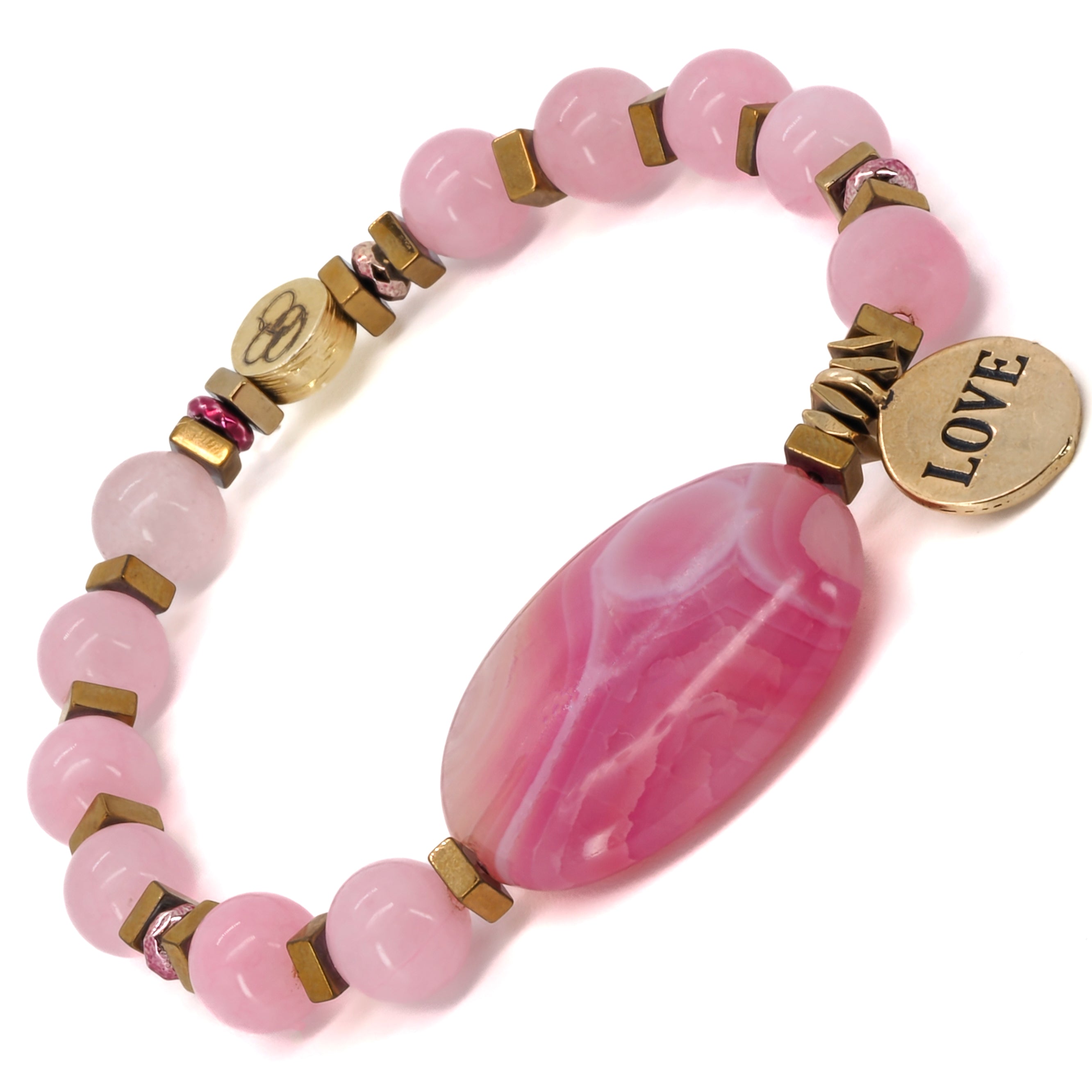 Embrace the balance and stability of the Pink Agate Love Bracelet, adorned with pink agate stones and a bronze love charm.