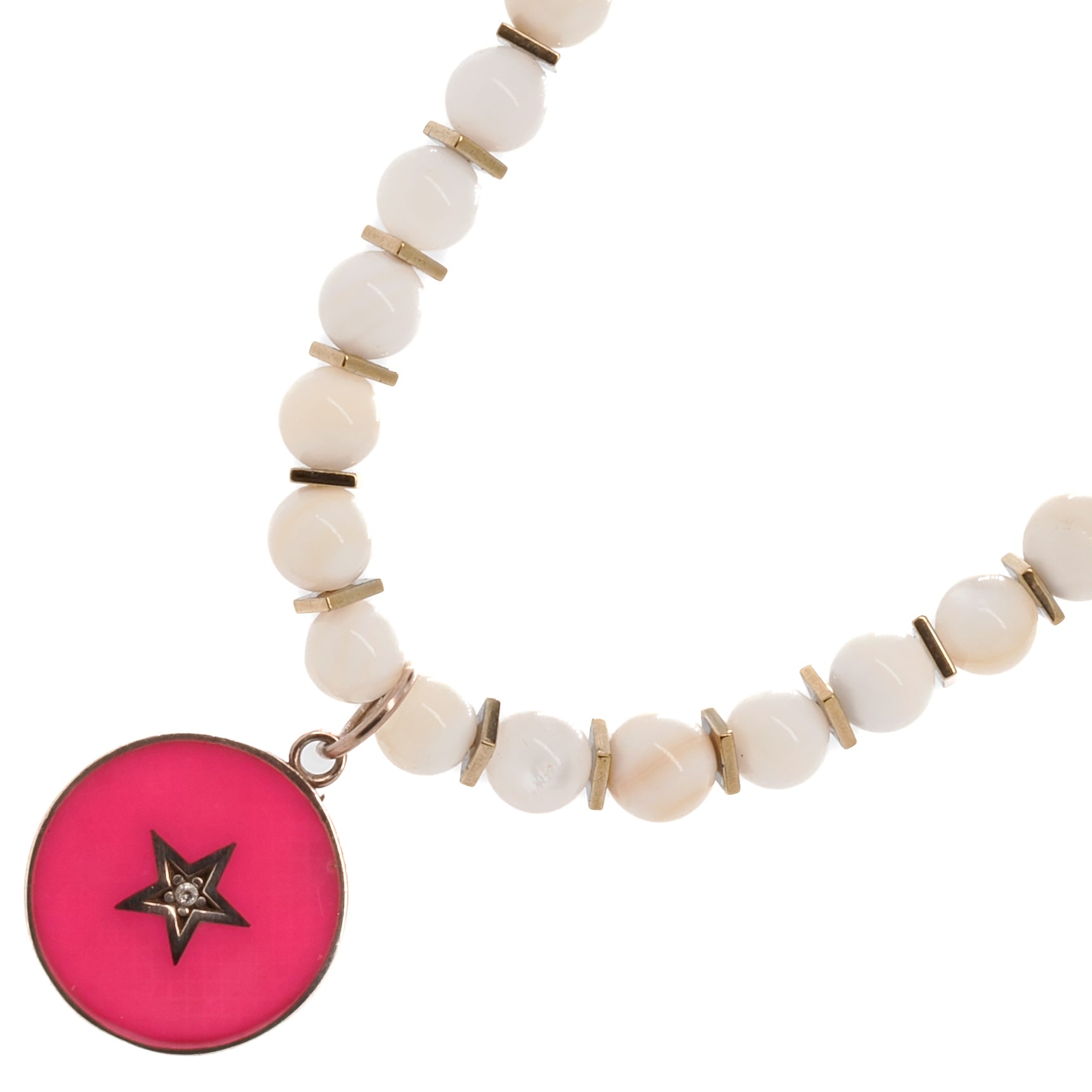 Handcrafted choker necklace featuring tridacna stones and gold hematite spacers, radiating a harmonious blend of white and pink.
