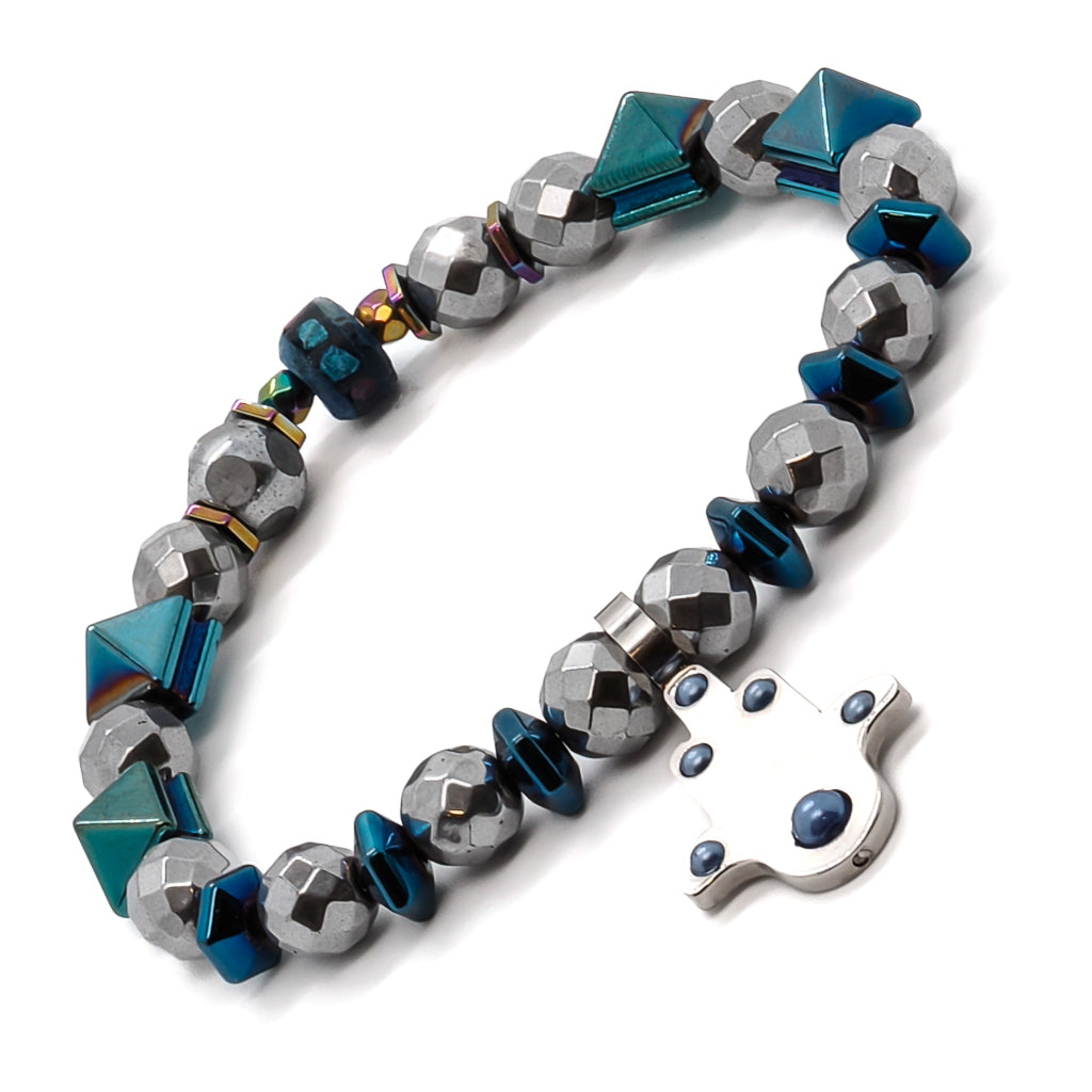 Elevate your style with the Positive Hamsa Bracelet, showcasing the captivating beauty of silver faceted hematite beads, blue hematite pyramid beads, and a symbolic Hamsa charm.