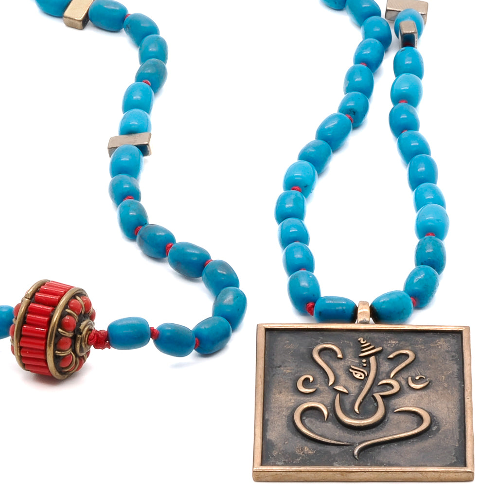Positive Life Necklace, a unique piece adorned with turquoise and a special Ganesha and Buddha pendant.