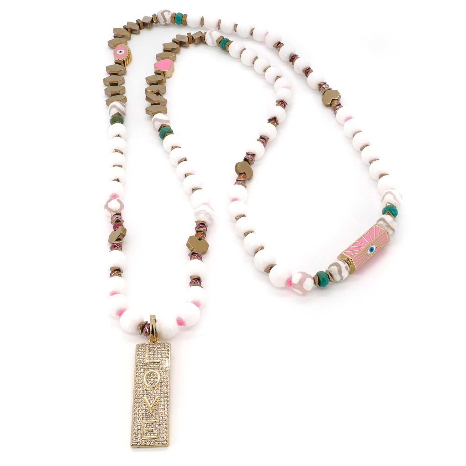 Power Of Love Necklace featuring a variety of beads, including white Nepal Agate, Jade, and turquoise stones, representing balance, serenity, and protection.